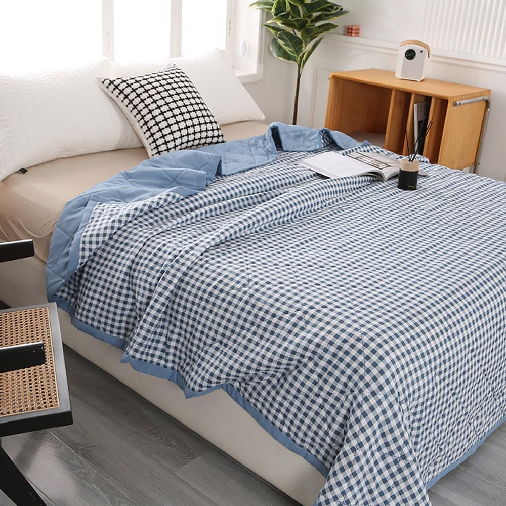 Plaid Quilted Bedspreads - Summer Soft Washed Cotton Lightweight Comforter, Reversible Checked Polyester Filling Cooling Blanket for Single Double Bed Air Conditioning Use (Light Blue,150X200Cm) image number 7