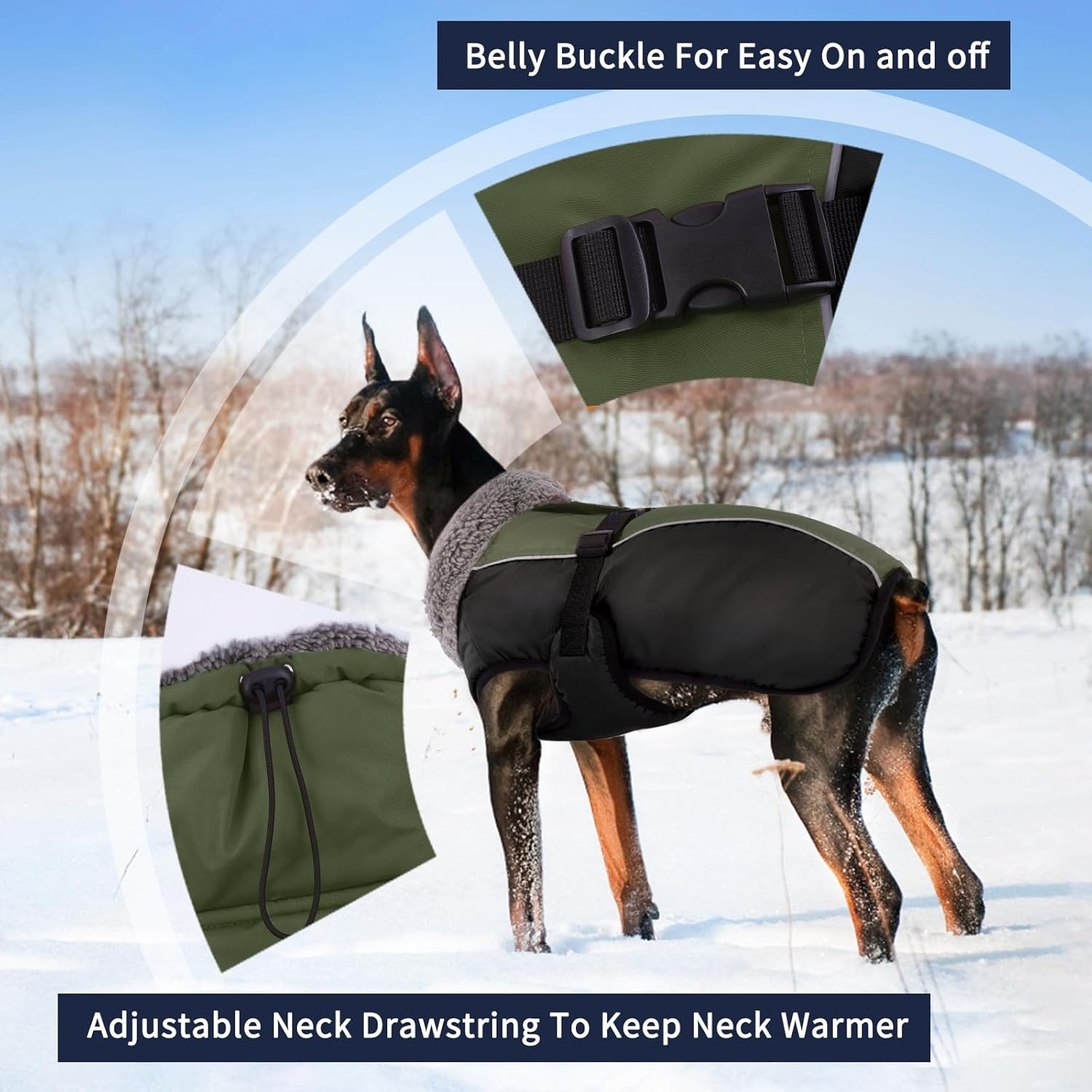 Iecoii Extra Warm Dog Coat Reflective Adjustable Winter Jacket with Buckle Fleece Turtleneck for Cold Weather, Soft for Small Medium Extra Large Dogs, Army Green image number 2