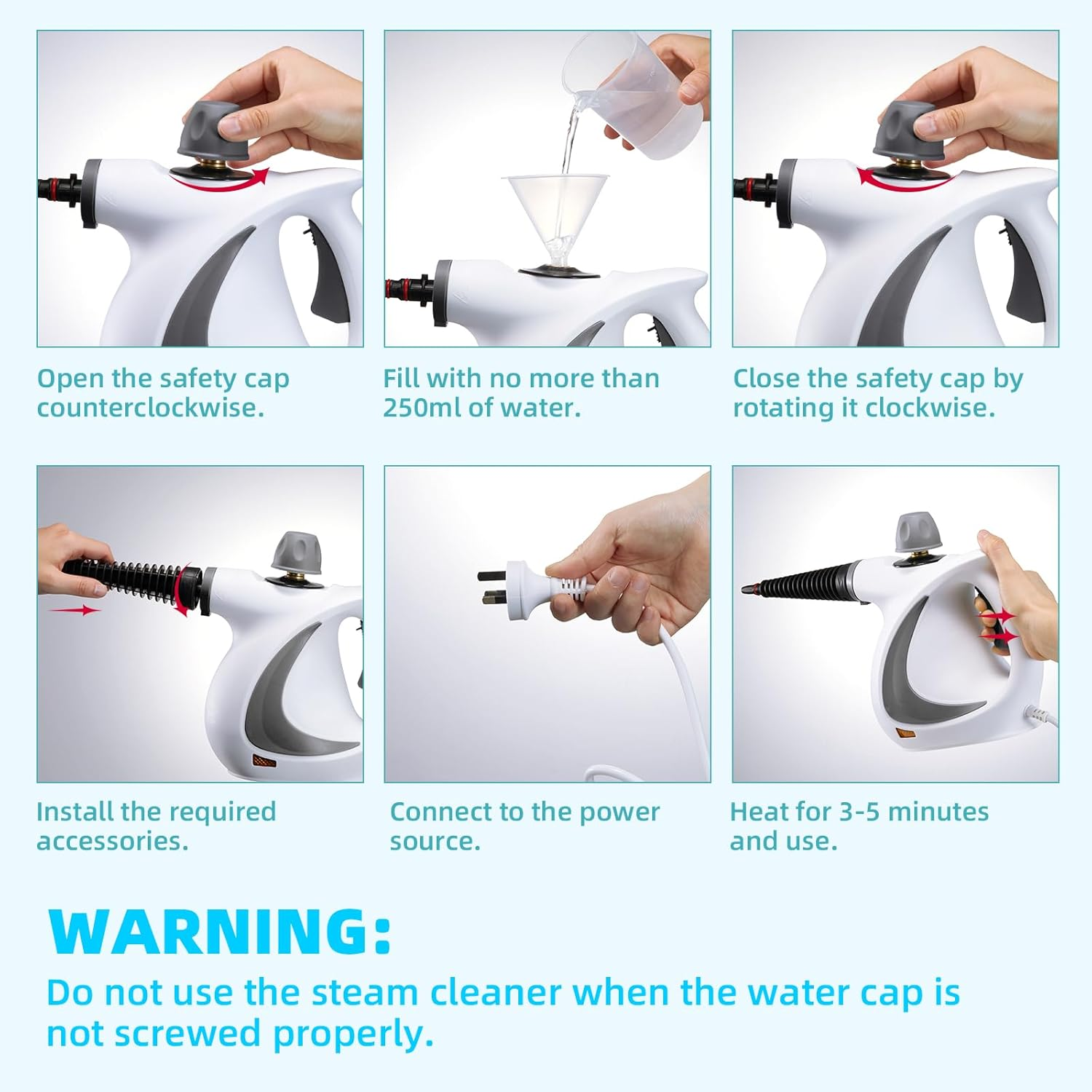 Airelax Steam Cleaner Handheld Multi-Purpose Handheld Steamer Portable Hand Held Steam Cleaner with Safety Lock for Stain Removal, Home&Car Clean with 10 Accessories Includes Nozzles, Brushes, Funnel image number 6