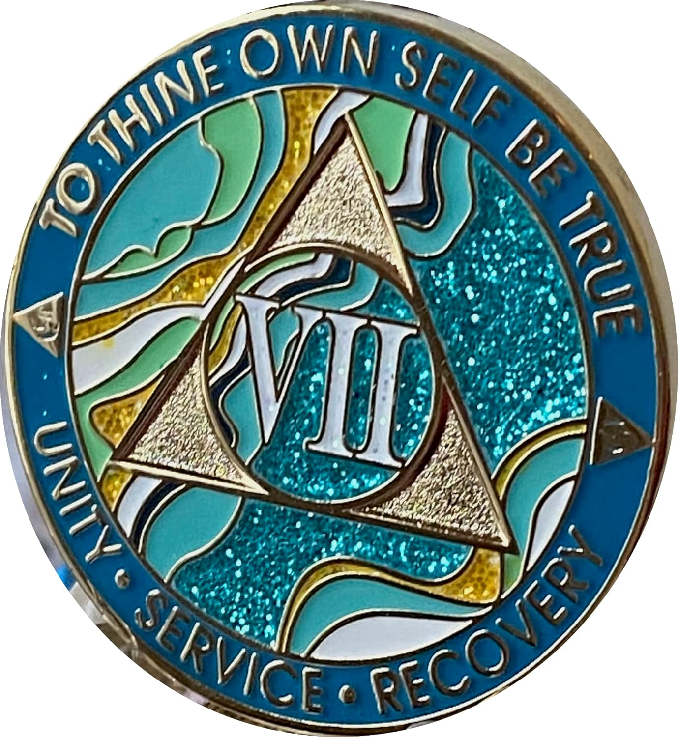 7 Year AA Medallion Elegant Marble Caribbean Aqua Glitter Blue Gold Plated Chip