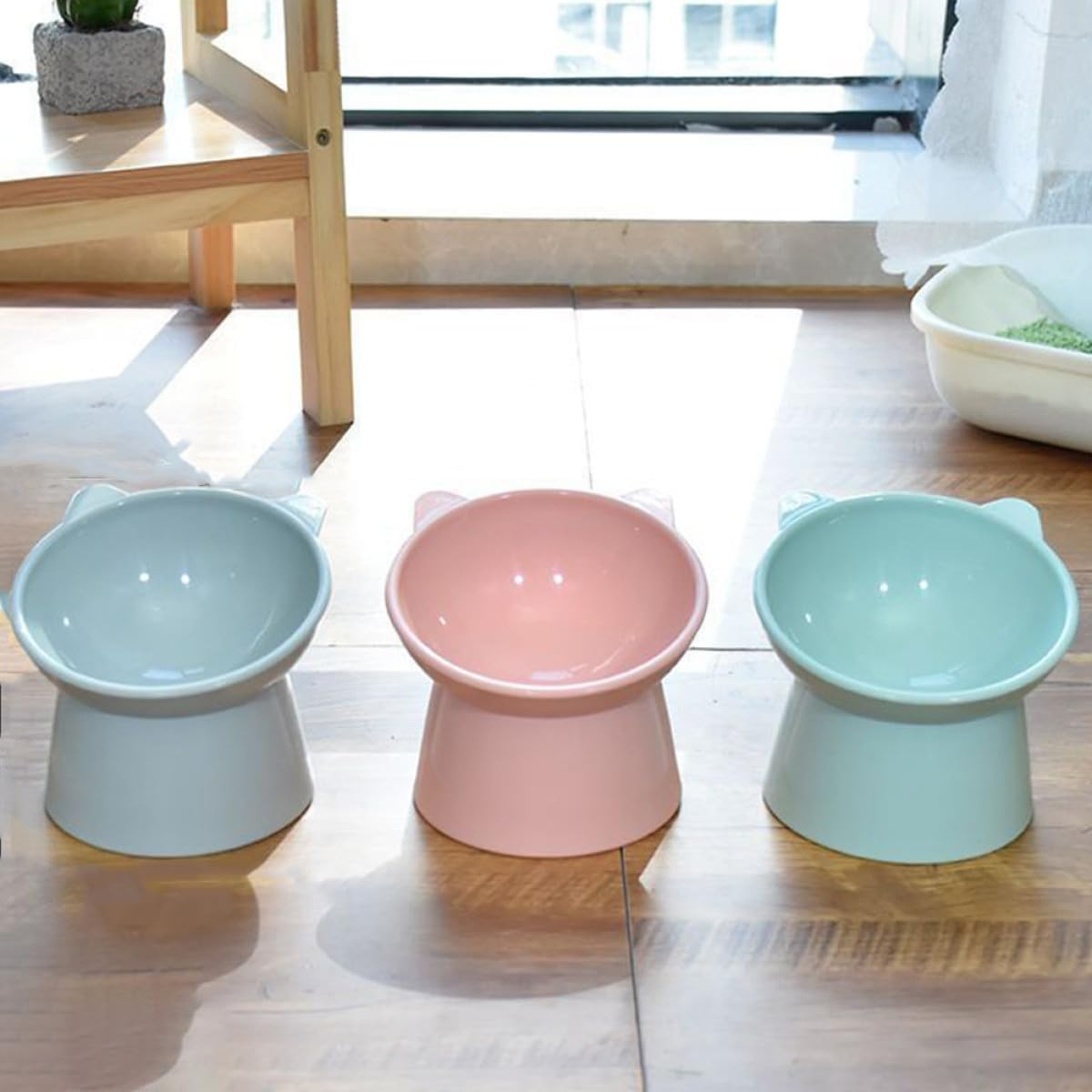 Gadpiparty 2Pcs Elevated Cat Feeding Bowls with Neck Guard, Raised Plastic Pet Bowls for Cats and Kittens, Anti-Spill Pink and Blue Compact Food Dishes for Daily Use image number 2