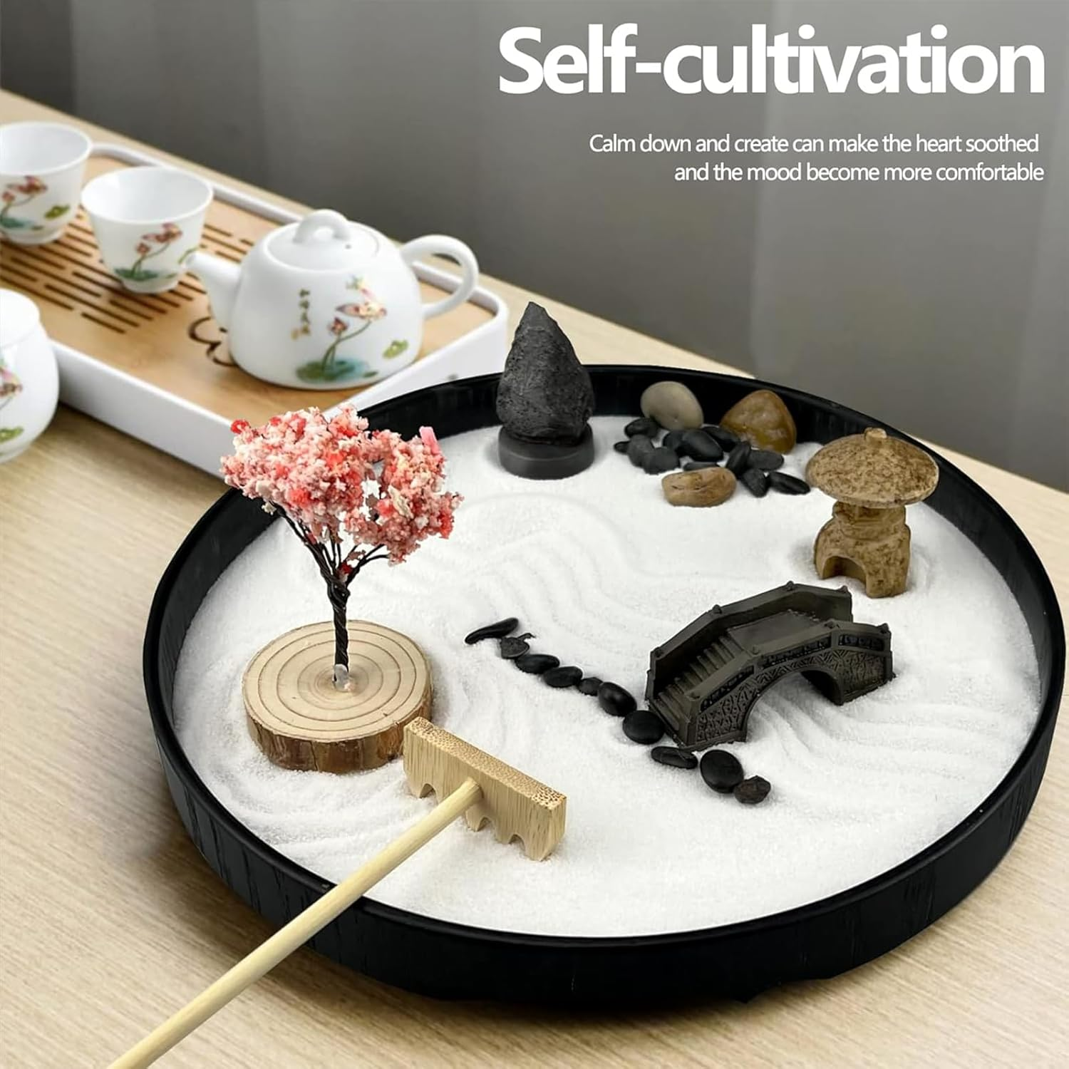 Zen Garden for Desk Japanese Zen Garden Kit, Tray Mini Desktop Zen Decor, Office with Black Wooden Tray, White Sand, Rake Tools Desktop Meditation, Therapy and Accessories (Round) image number 3