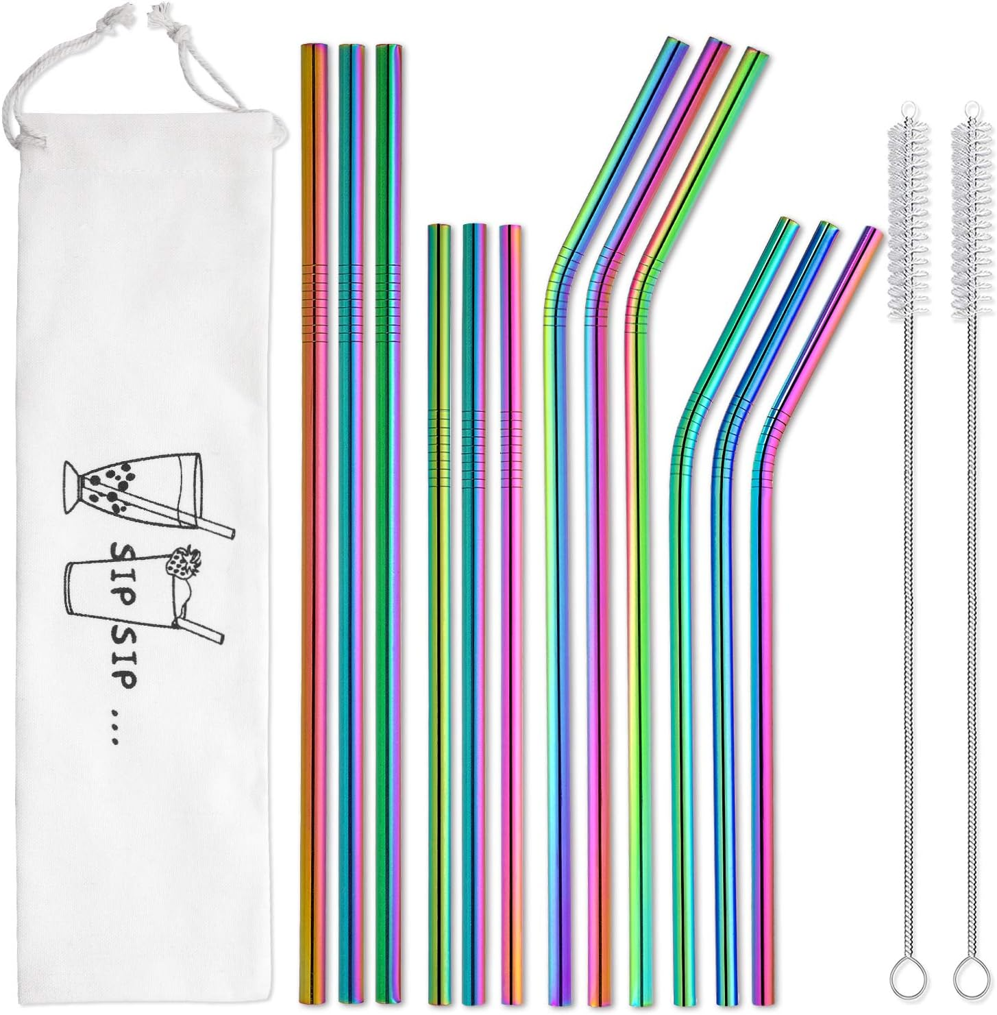 Reusable Metal Straws Rainbow Color with Travel Case - Hiware 12-Pack Stainless Steel Drinking Straws for 30Oz / 20Oz Tumblers Dishwasher Safe, 2 Cleaning Brushes Included
