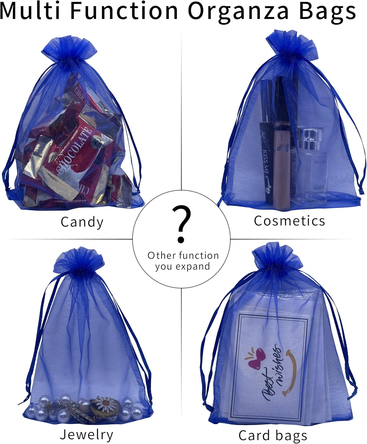 Jexila 100PCS Sheer Organza Bag 5''X7'' Royal Blue Mesh Bags Drawstring Jewelry Gift Bags Small for Baby Shower Wedding Party Pouch Favor Goodie Bags - Blue,Navy image number 3