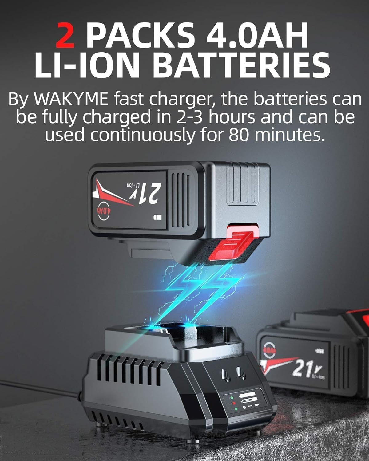 WAKYME 21V MAX Cordless Impact Wrench Kit, 1/2" Brushless Compact Wrench Power Tool Kit, TWO 4.0AH Li-Ion Battery, 7Pcs Driver Impact Sockets, Fast Charger, Belt Clip, Tool Box (250 Ft-Lb Torque) image number 2