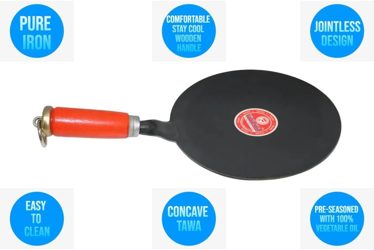 Pure Iron Concave Tawa with Unique Smooth Edges Metal Spoon Friendly Wooden Handle Perfect for Roti & Chapati 24 CM
