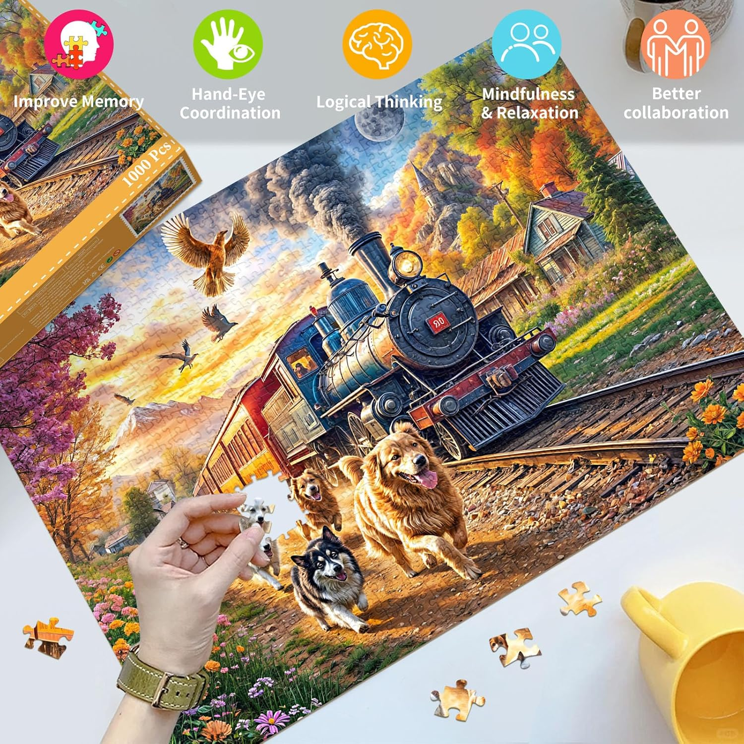 Jigsaw Puzzles for Adults 1000 Pieces, Interlock Perfectly Letter on Back No Dust, Home Decor Birthday Gift Toy for Men Women Elders Seniors, 1:1 Poster - Happy Train image number 3