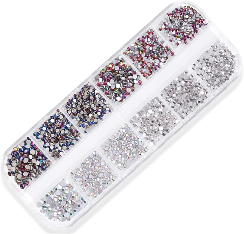 Nail Art Deluxe Flatback Rhinestones with Box (Clear + Clear Aurora AB + Flame + Blue Flame), Beauties Factory Nail Art Gems Crystals Decals (Color K)