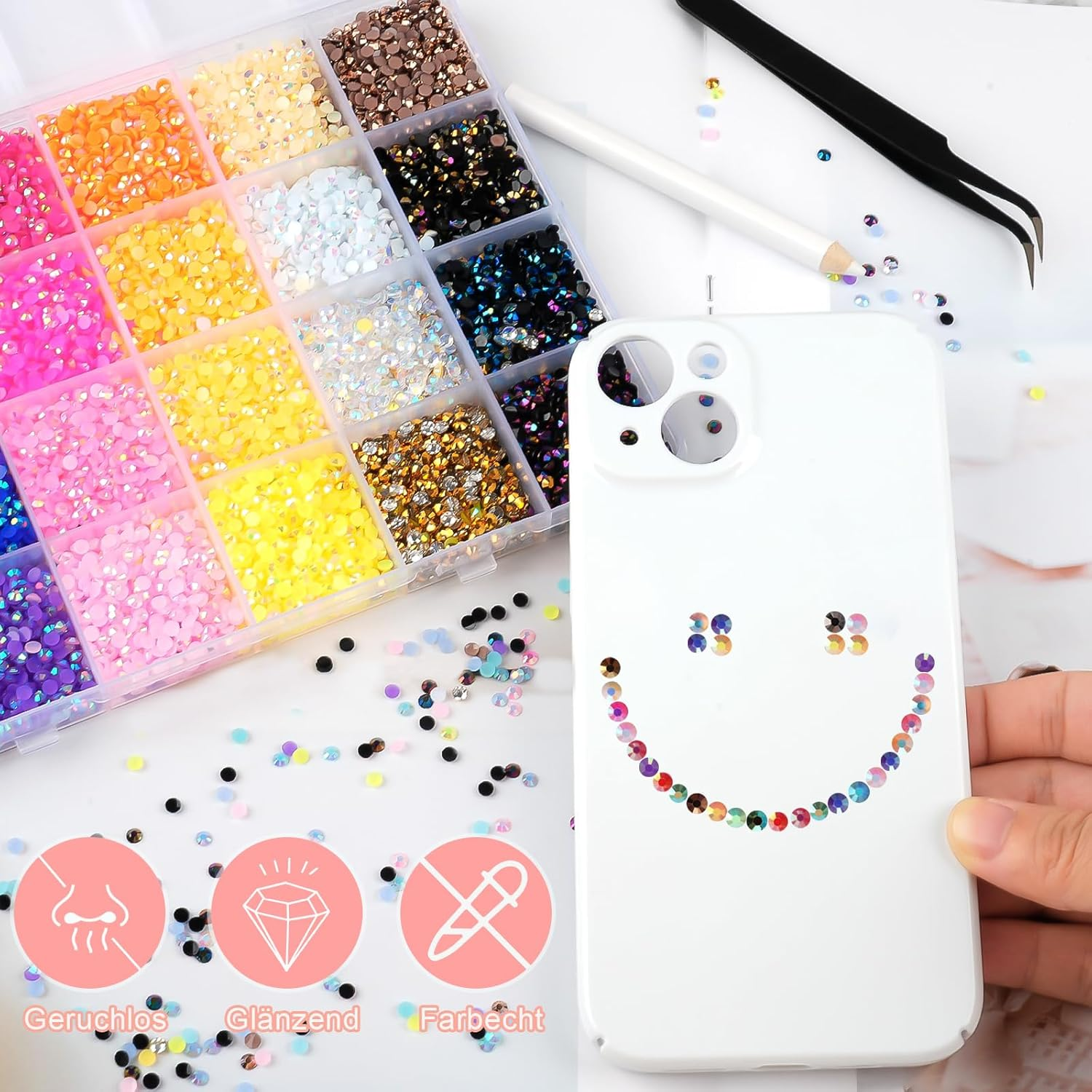 Hopton 24000 Pieces Rhinestone Nails, 24 Colours Glitter Stones for Crafts, round Glitter Gemstones Rhinestones with Tweezers and Wax Pen, Rhinestones Set for DIY Nails Crafts image number 2