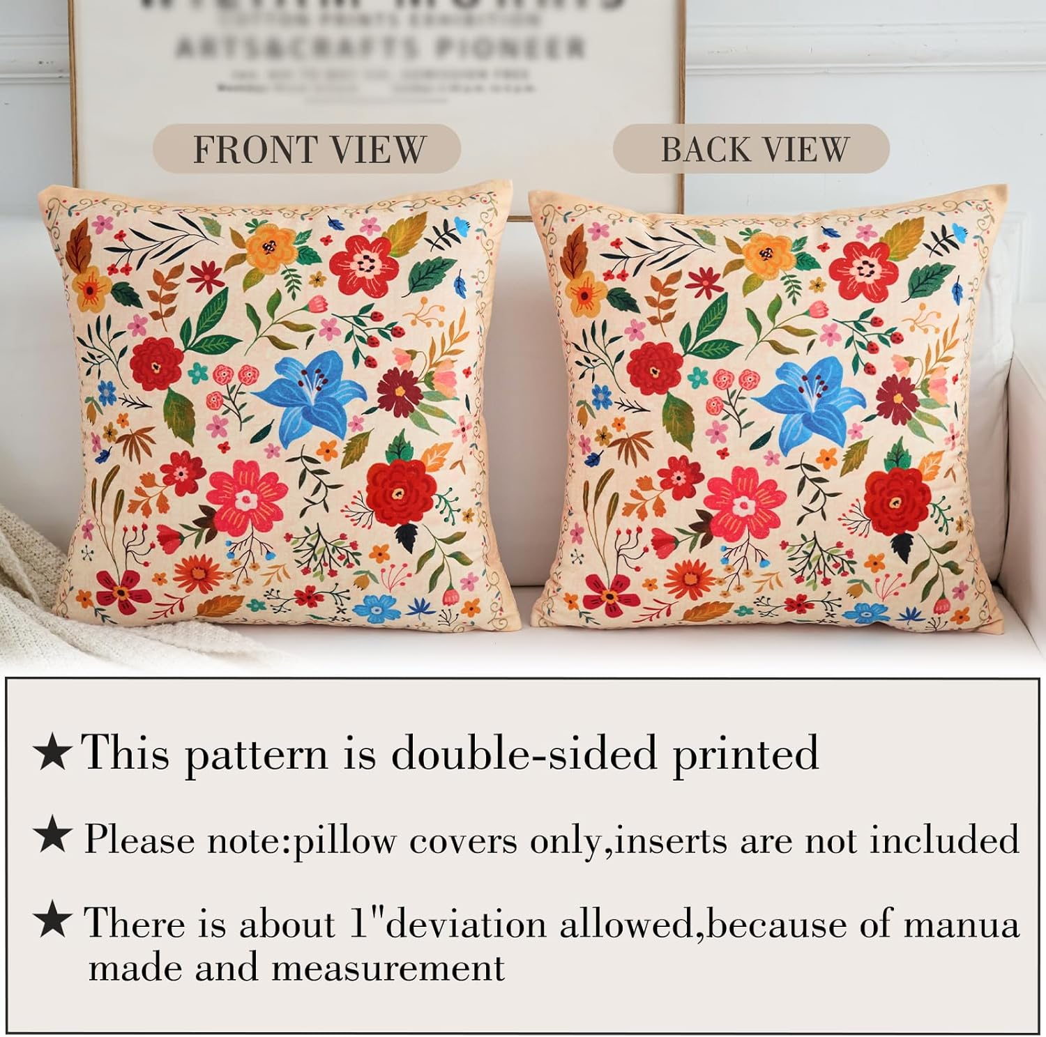 EDTOY Floral Pillow Covers 16X16 Set of 2,Beige Farmhouse Floral Pillow Covers Decorative Double Sided Pattern Cushion Cover Soft Pillow Case for Living Sofa Room Bed Porch Patio Square Pillow Cover image number 4