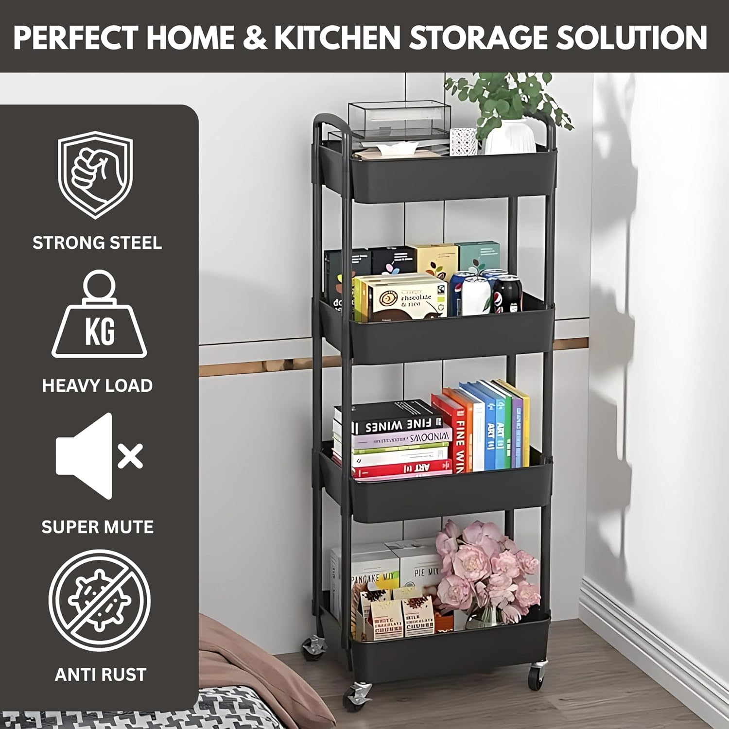 Opal Abode - 4-Layer Storage Trolley with Lockable Wheels &ndash; Slim Rolling Utility Cart Organizer for Kitchen, Bathroom, Office & Laundry &ndash; Mobile Storage Rack with 4 Tiers &ndash; Space Saving Shelf Unit. image number 3