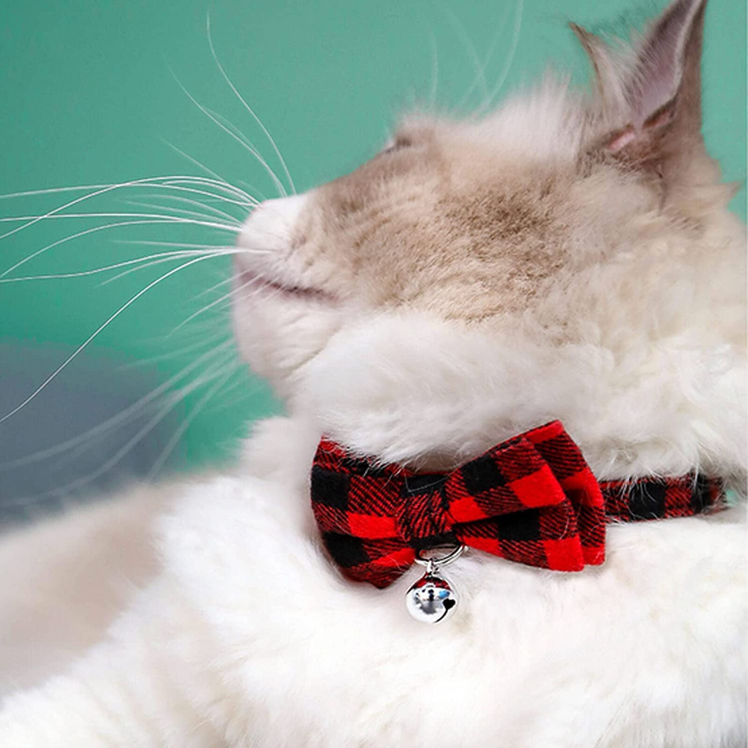 4PCS Breakaway Bowtie Pet Collar with Bell(2Red&2Green Plaid Style),Christmas Dog Collar with Bow, Christmas Plaid Dog Bow Tie, Adjustable Cotton Red Bowtie Dog and Cat Valentine'S Day Collars for Kitty, Puppy, Dogs,Small Pets image number 5