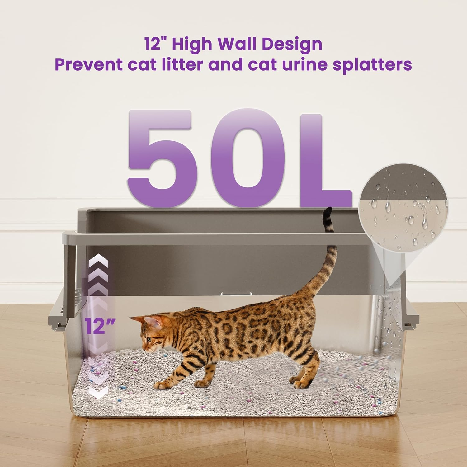 XXXL Stainless Steel Litter Box for Cats, 70 X 50 X 15 Cm Extra Large Metal Litter Box with High Sided Lid, for Big Cats, Multi-Cat Household, Non-Sticky & Easy to Clean image number 4