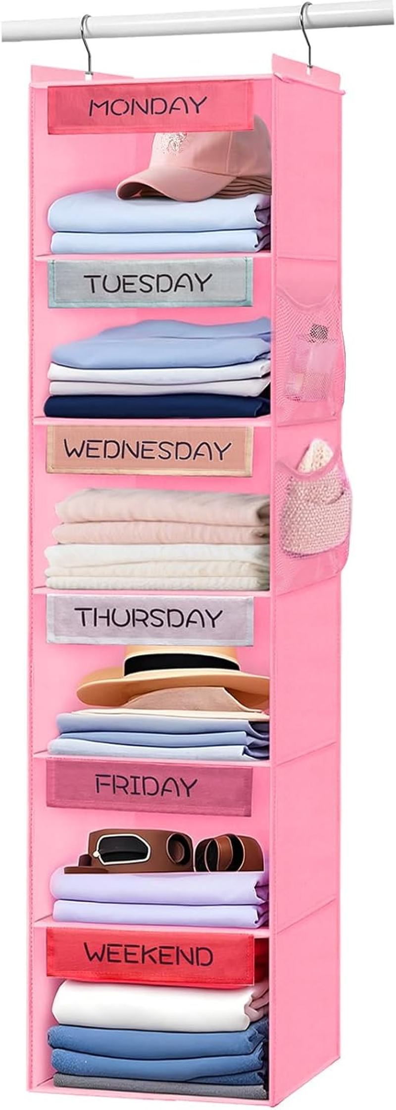 Weekly Clothes Organizer for Kids, 6-Shelf Hanging Closet Organizer with 2 Side Pockets, Days of the Week Clothes Organizer, with Labeled Days of the Week Monday through Friday, Weekday and Weekend