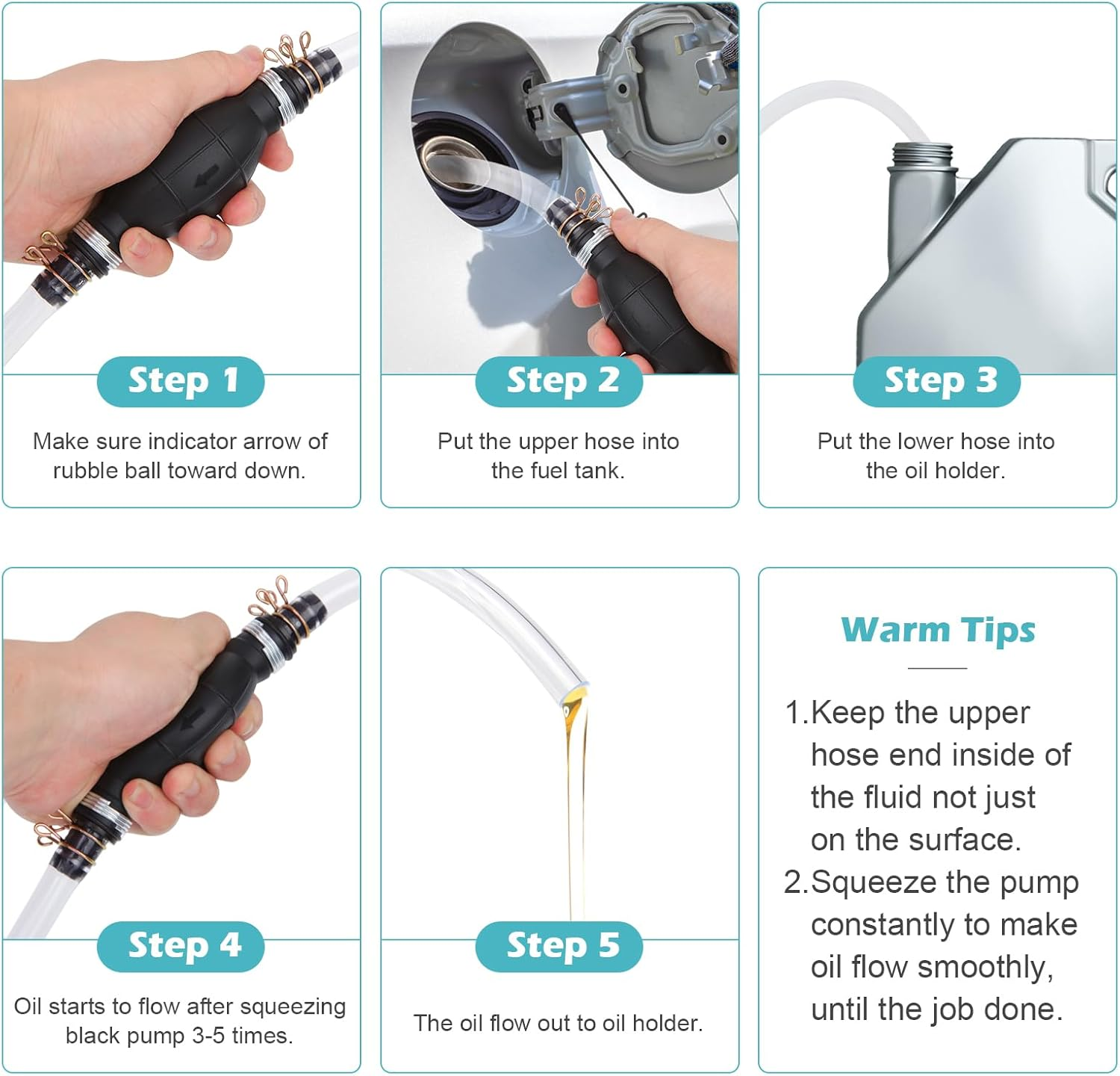 Gas Siphon Hose Pump, Manual Hand Water Pump, Gasoline Transfer Pump for Water Gas Oil Petrol Diesel, Fuel Siphon Pump with 2 Durable PVC Syphon Hoses, HH016 image number 1