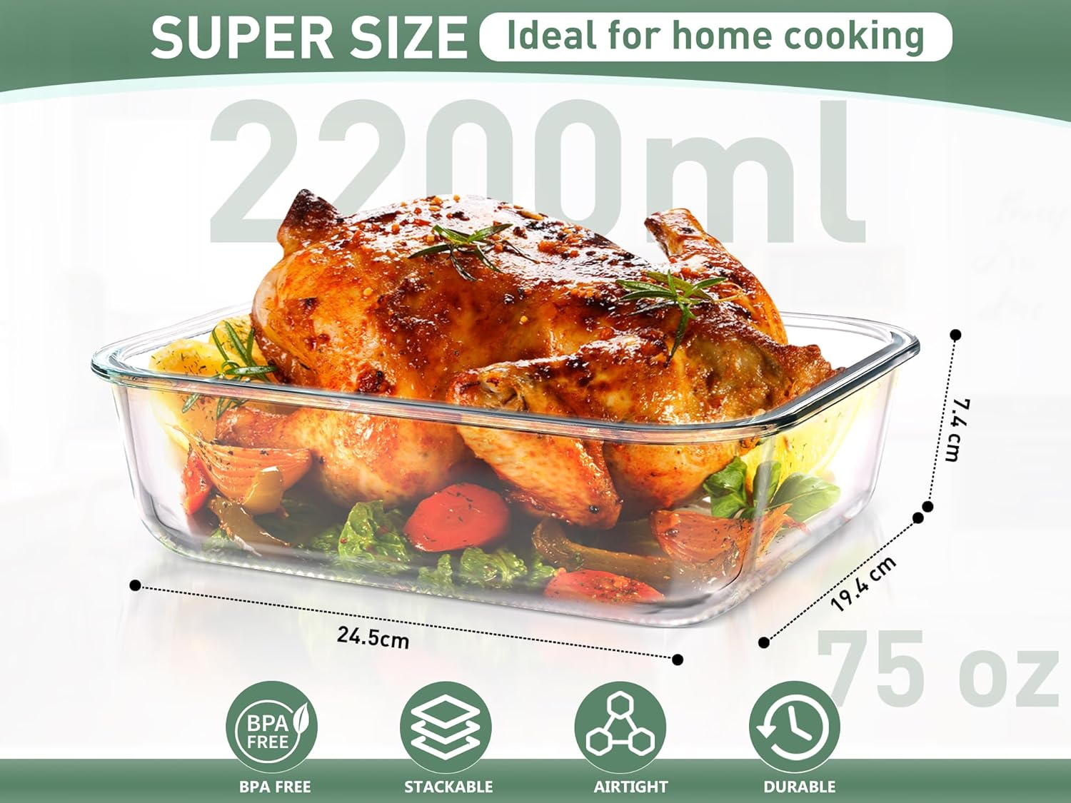 Feshory 2 Pack (2200Ml/75 Oz) Large Airtight Glass Food Storage Containers with Lids &ndash; Perfect for Baking, Store Leftovers, Rotisserie Chicken & More &ndash; Durable, Leak-Proof, BPA Free image number 1