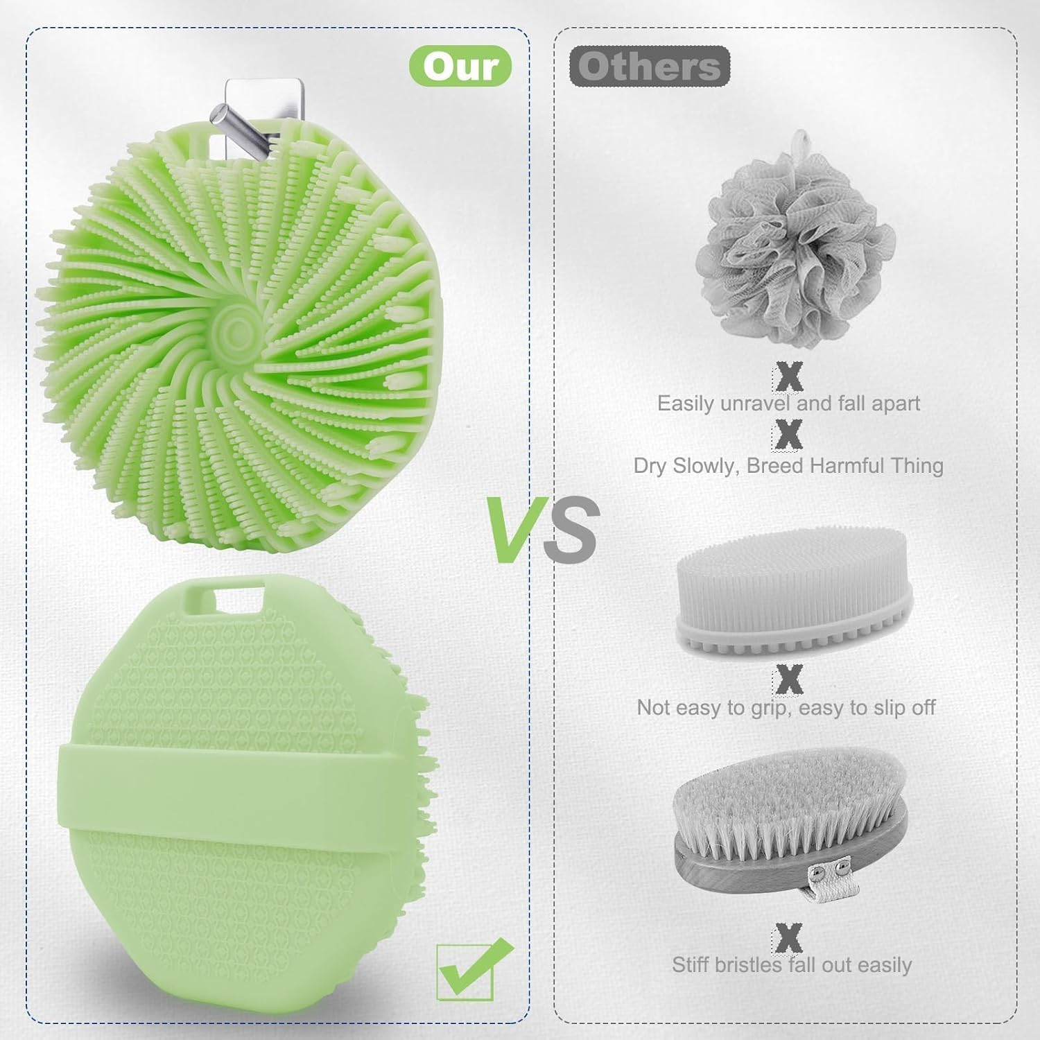 Silicone Body Scrubber, Exfoliating Body Scrubber for All Skin Types, Handheld Shower Brush with Rich Lathering and Easy Cleaning (Green) image number 5
