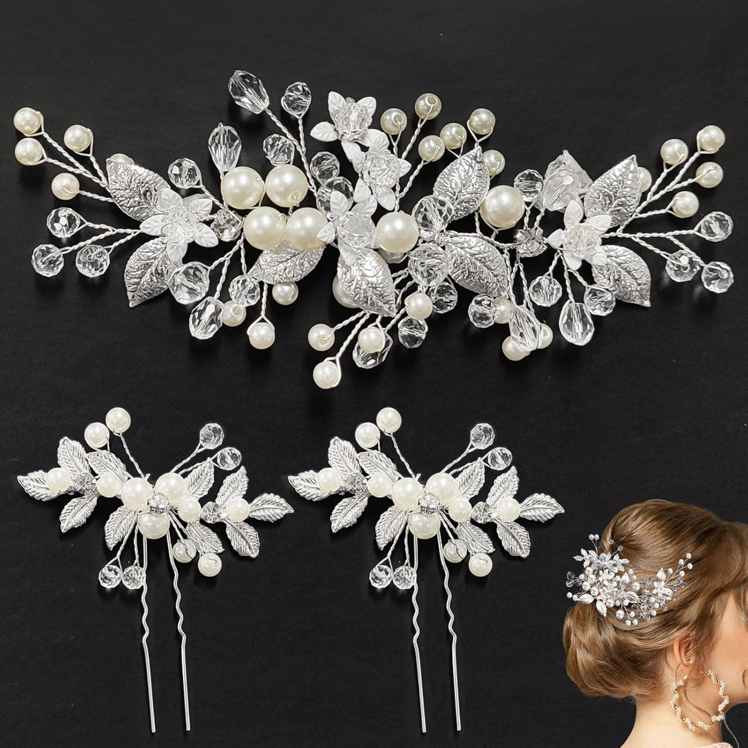 ZOCONE Bridal Flower Hair Accessories Silver Crystal Headband Flower Leaf Headpiece Pearl Hair Accessories Bridal Hair Pins Hair Pins Wedding for Women and Girls Bridal Hairstyle (B) image number 6