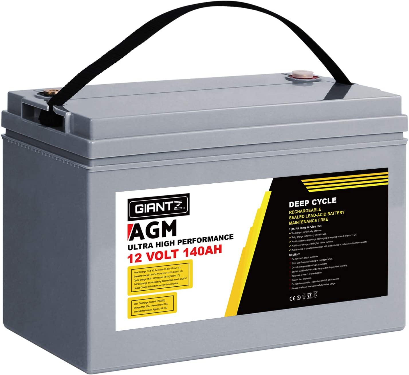 Giantz 170Ah AGM Deep Cycle Battery, Recharge Batterys 4Wd Charging Portable, 1400 Cycles Long Life High Performance for Solar Camper Trailer Caravan Camping Car Power Supply