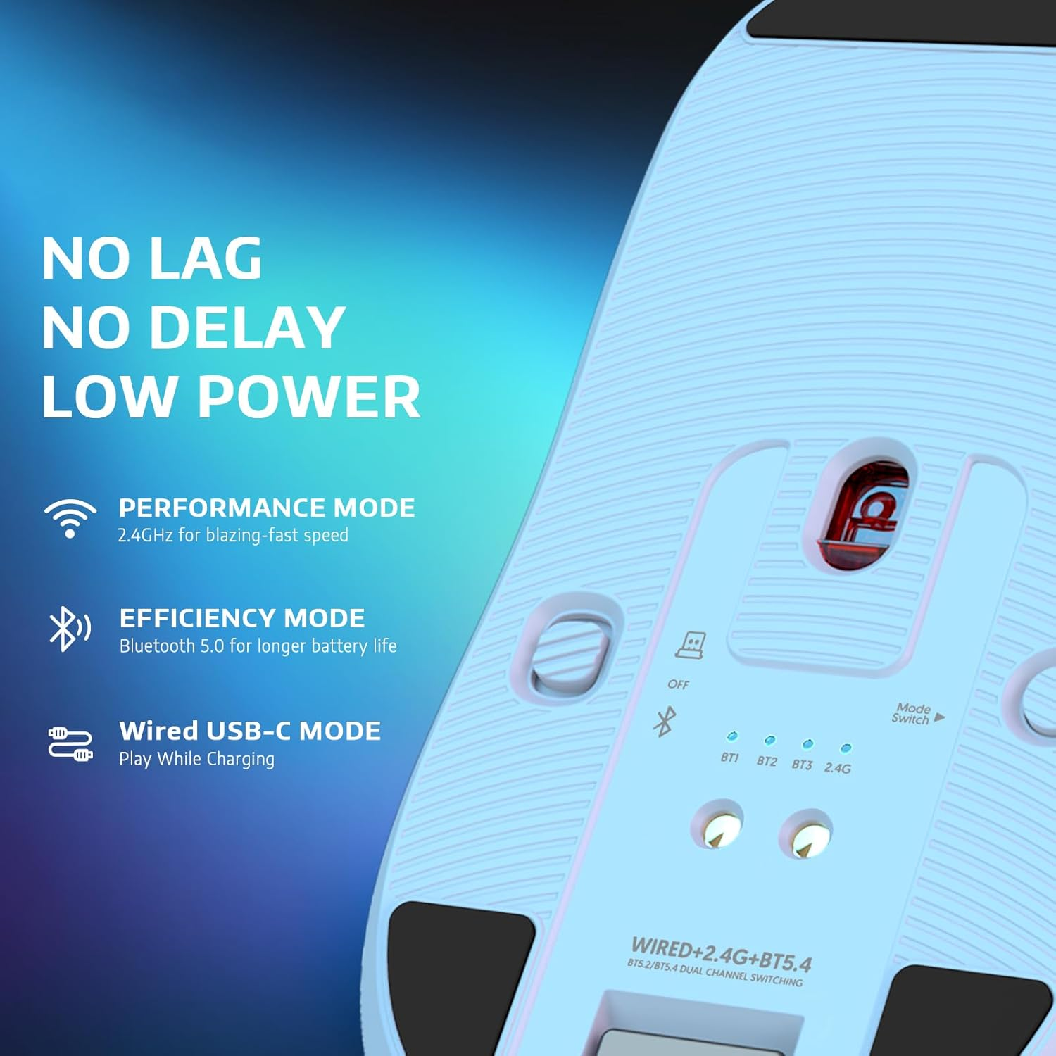 MANBASNAKE X6 Superlight Wireless Gaming Mouse with Magnetic RGB Charging Base, Ultralight 49G Pixart PAW3395 Mouse, 26000DPI, Tri-Mode 2.4G/USB-C Wired/Bluetooth Mouse, Adhesive Tape - Black  Griptape image number 7