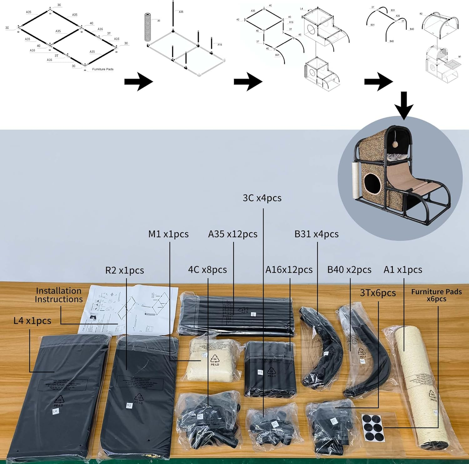 Goetland PVC Modern Cat Condo House Tree Medium Tower Bed Scratching Post Climber with Peek Hole and Dangling Ball for Kitty Indoors Leopard image number 5