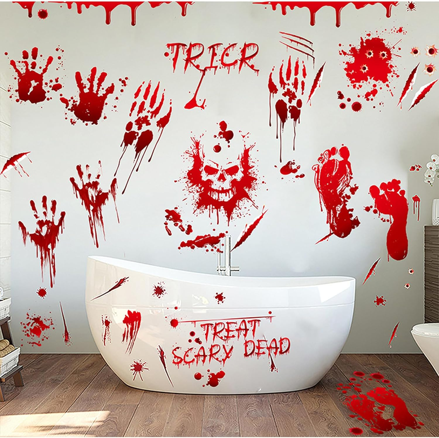 9 Reusable Halloween Window Stickers, 95 Pcs Halloween Window Stickers, Double-Sided Removable Halloween Horror Stickers, Perfect for Haunted House Window Decorations and Parties (Classic, Red) - Black image number 1