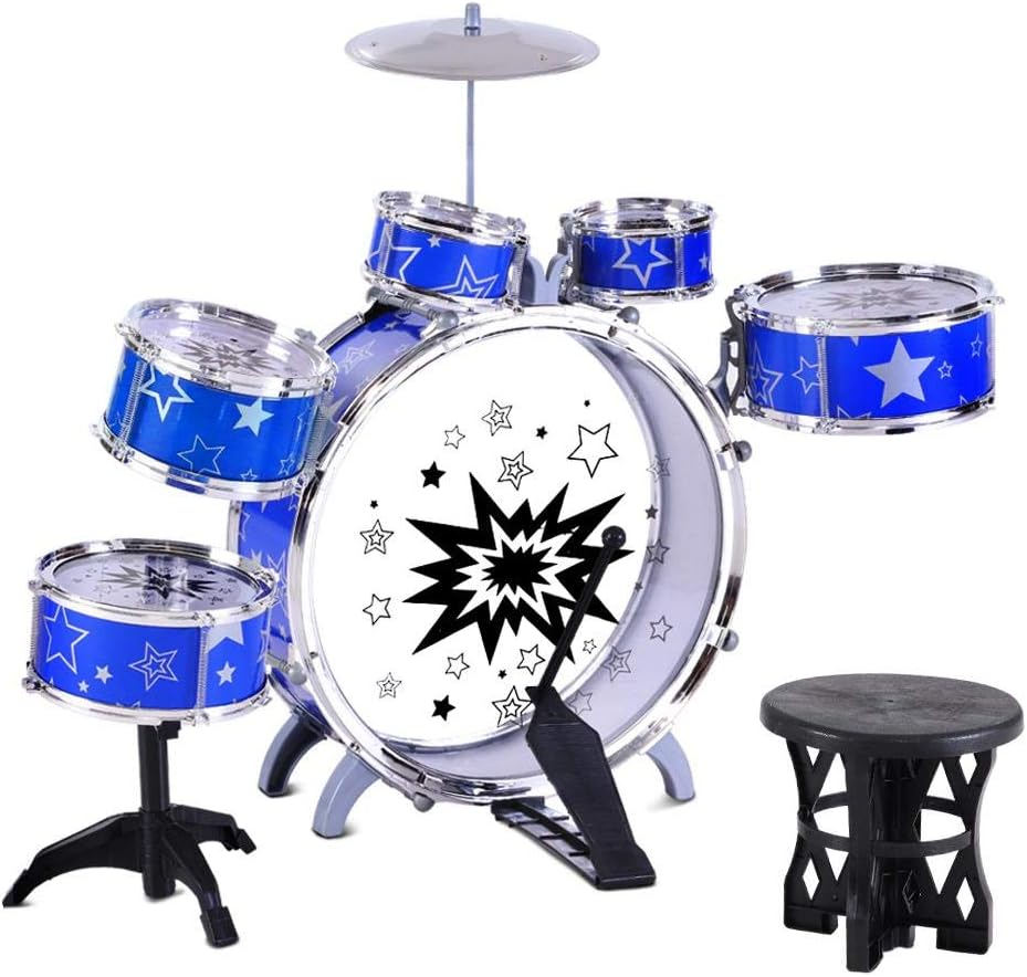 Keezi Kids Drum Set, 11Pcs Toddler Toy Pretend Play Junior Balmy Drums Kit Musical Instruments Educational Children Baby Toys, with Drummer Seat Easy to Assemble Blue image number 4