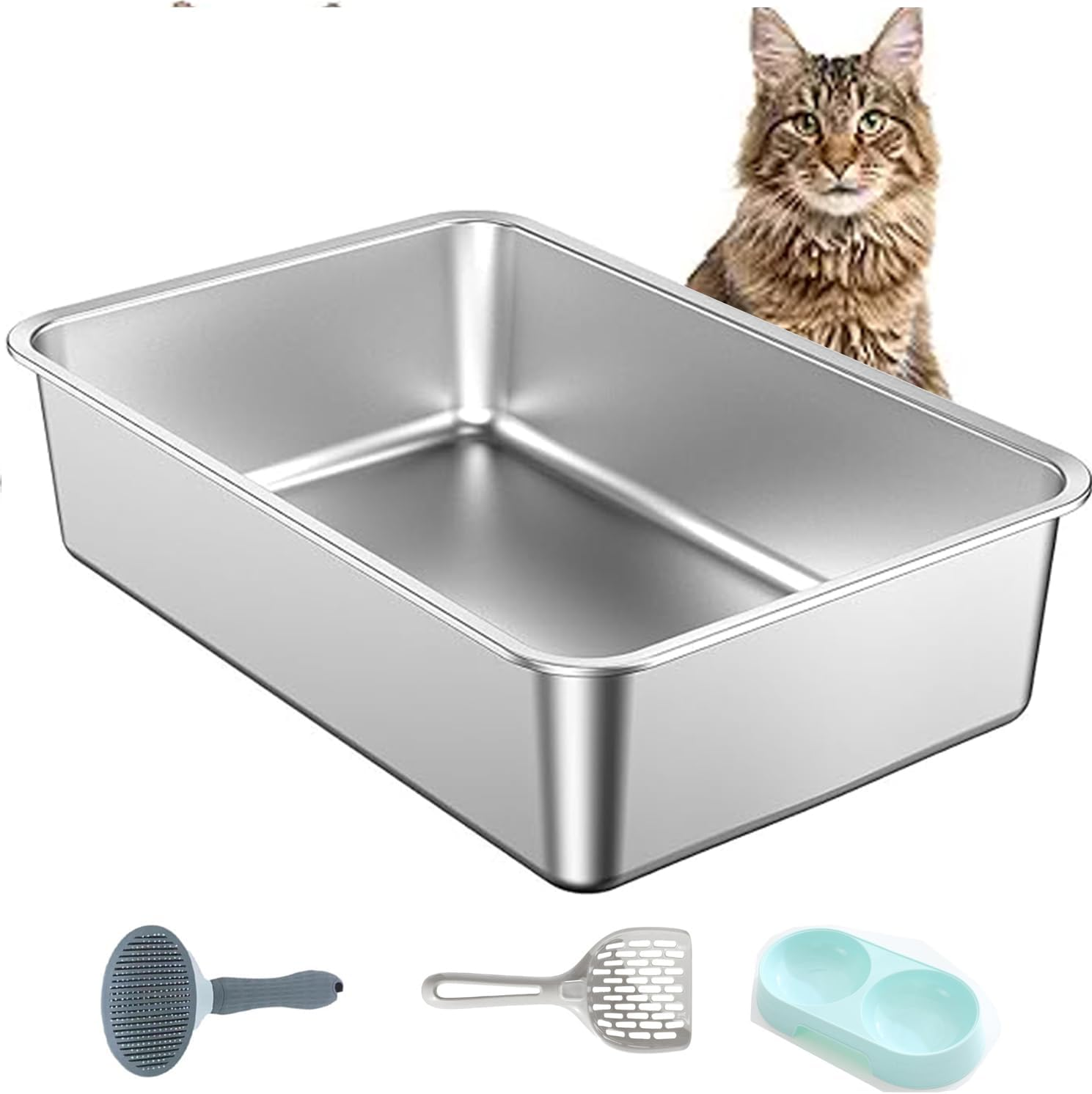 Stainless Steel Cat Litter Box High Side Cats Metal Litter Pan for Cats & Rabbits, Splash - Proof, Non - Stick, Odorless (45X35X15CM) image number 5