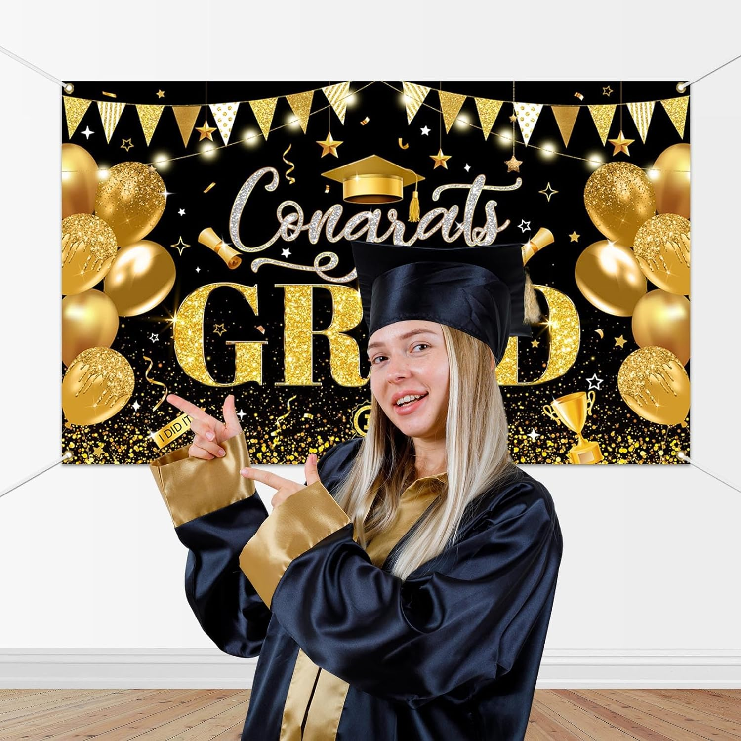 Mocsicka 2025 Graduation Backdrop Gold Black 2025 Graduate Party Decorations Banner Bachelor Cap Congratulations Graduates Photography Backdrop image number 3