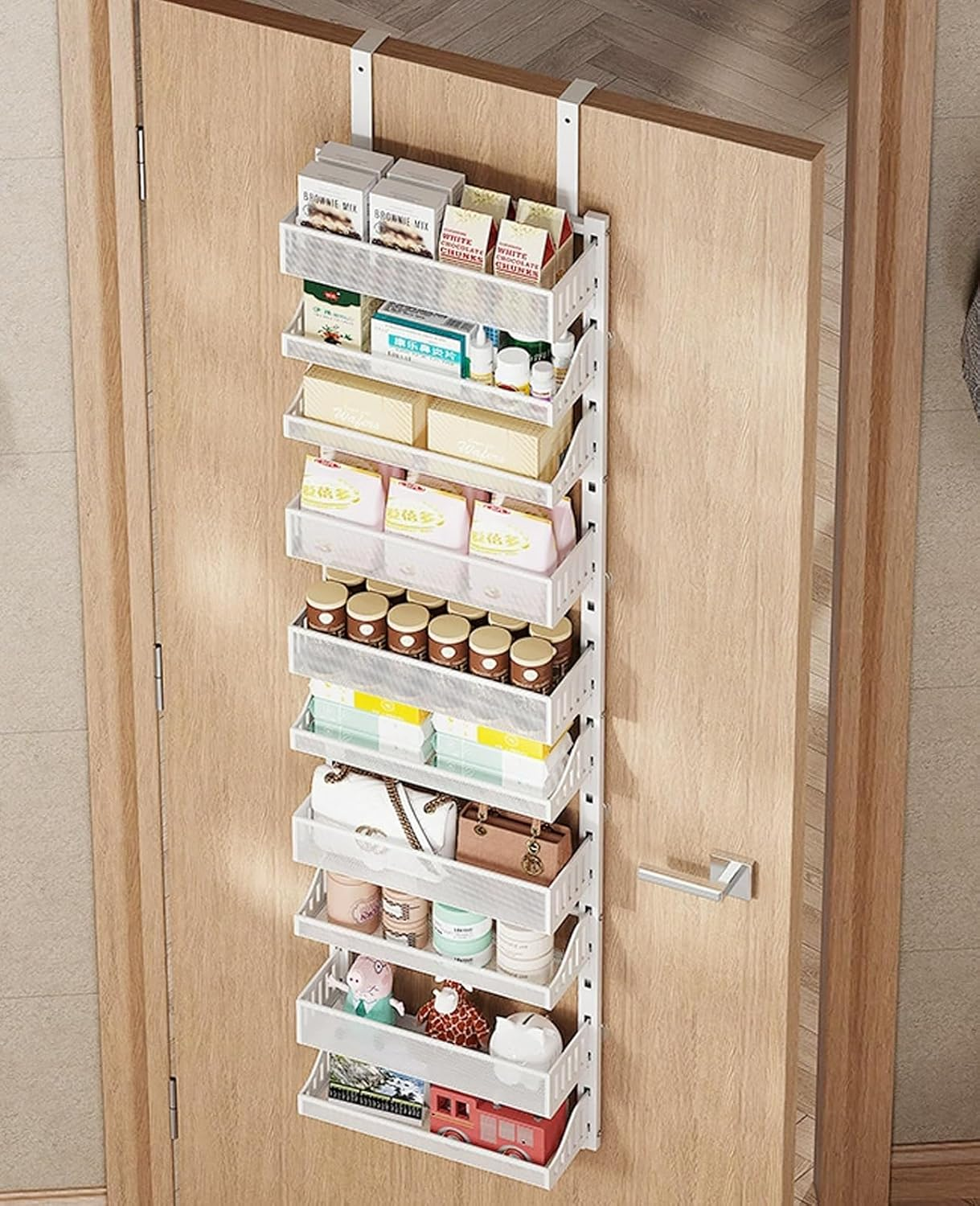 10-Tier over the Door Pantry Organizer, over the Door Organizer with Adjustable Basket, Metal Hanging Spice Rack, Heavy-Duty Pantry Doors Storage Shelf for Kitchen, Bathroom (White) image number 4