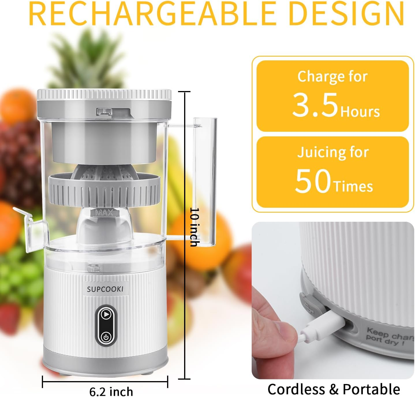 Electric Citrus Juicer, Rechargeable Juicer Machine with USB Cable and Cleaning Brush, Touch Button, Automatic Orange Lime Lemon Grapefruit Squeezer, Easy to Clean Portable Juicer, White - Black 2 image number 6