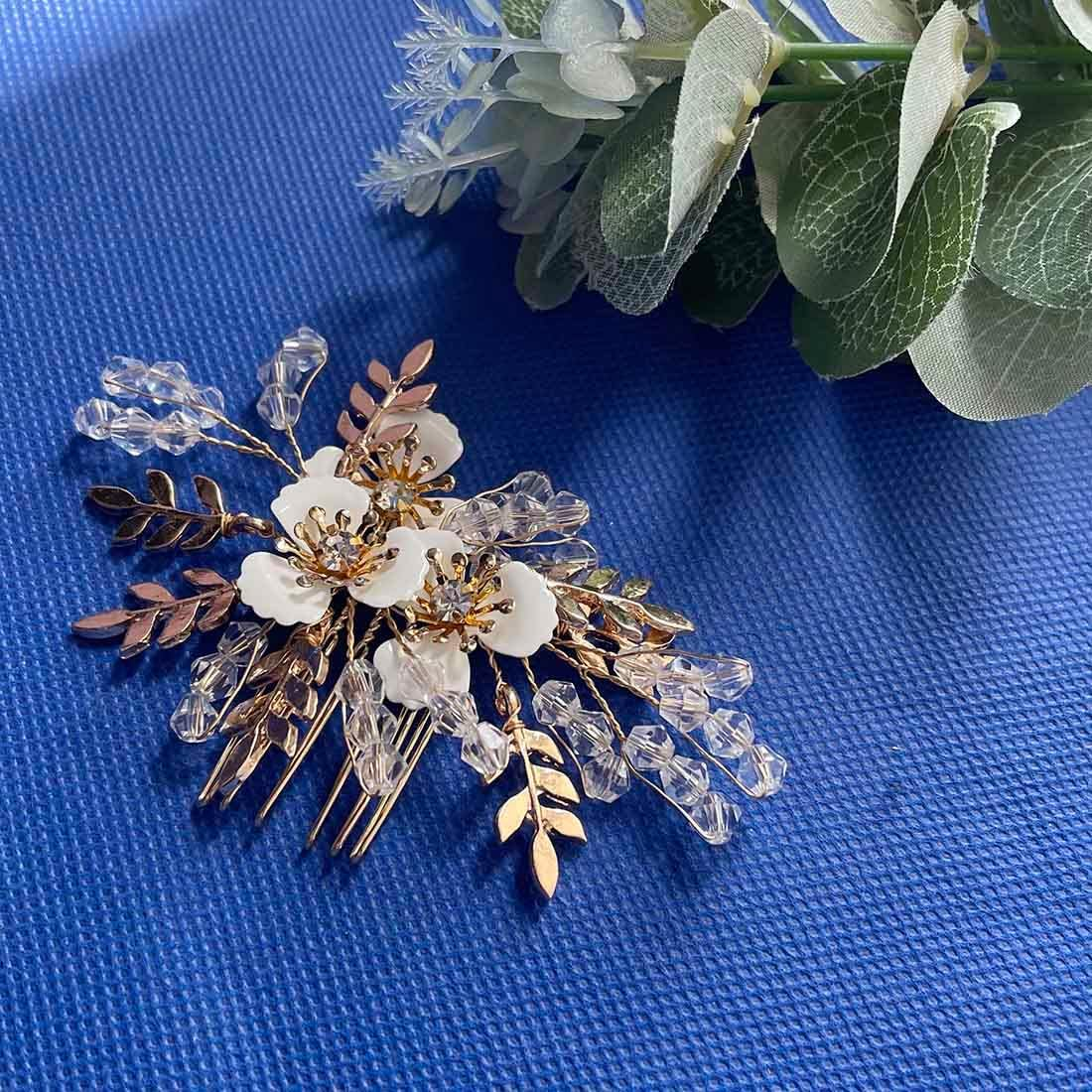 SINLOV Hair Comb for Bridal Flower Wedding Pearl Rhinestone Bridal Bridesmaid Side Combs Wedding Hair Accessories for Women (Gold) image number 5