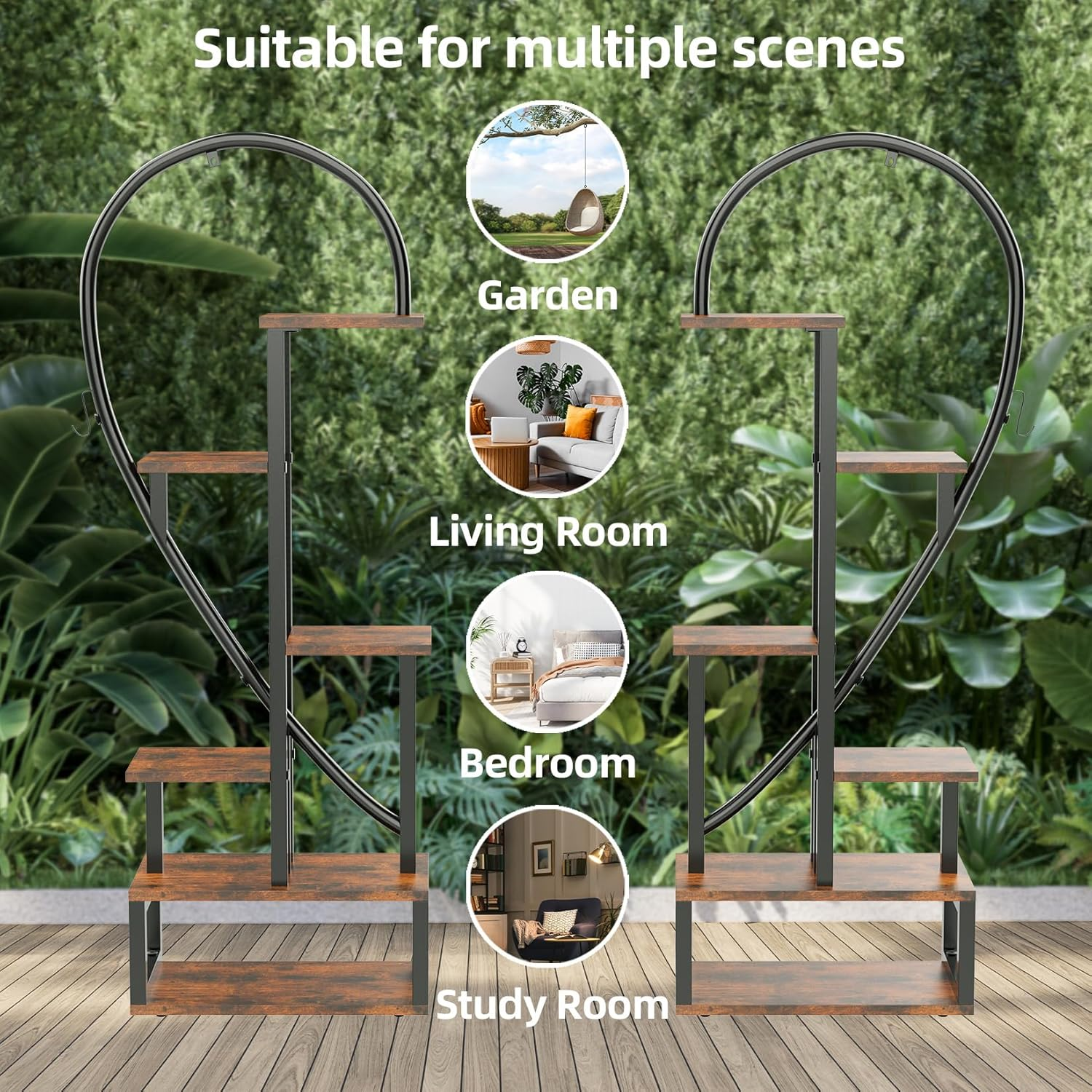 6-Tier Indoor Plant Stand: Tall Wood and Metal Plant Shelf Storage Large Flower Pots Display Ladder Rack Multi-Purpose Storage Unite Shelf for Garden Balcony Living Room Heart Shaped image number 2