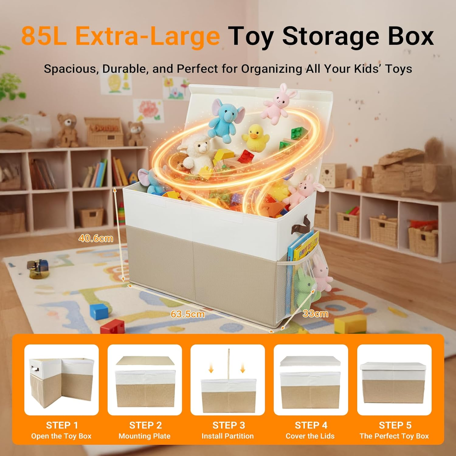 LIWEGHT Large Storage Box with Lid Collapsible Sturdy Baby Storage Rganizer Chest Bins Basket with Divider for Kids,Nursery,Bedroom,Boys, Girls,Playroom,63.5X33X40.6Cm(Beige&White) image number 5