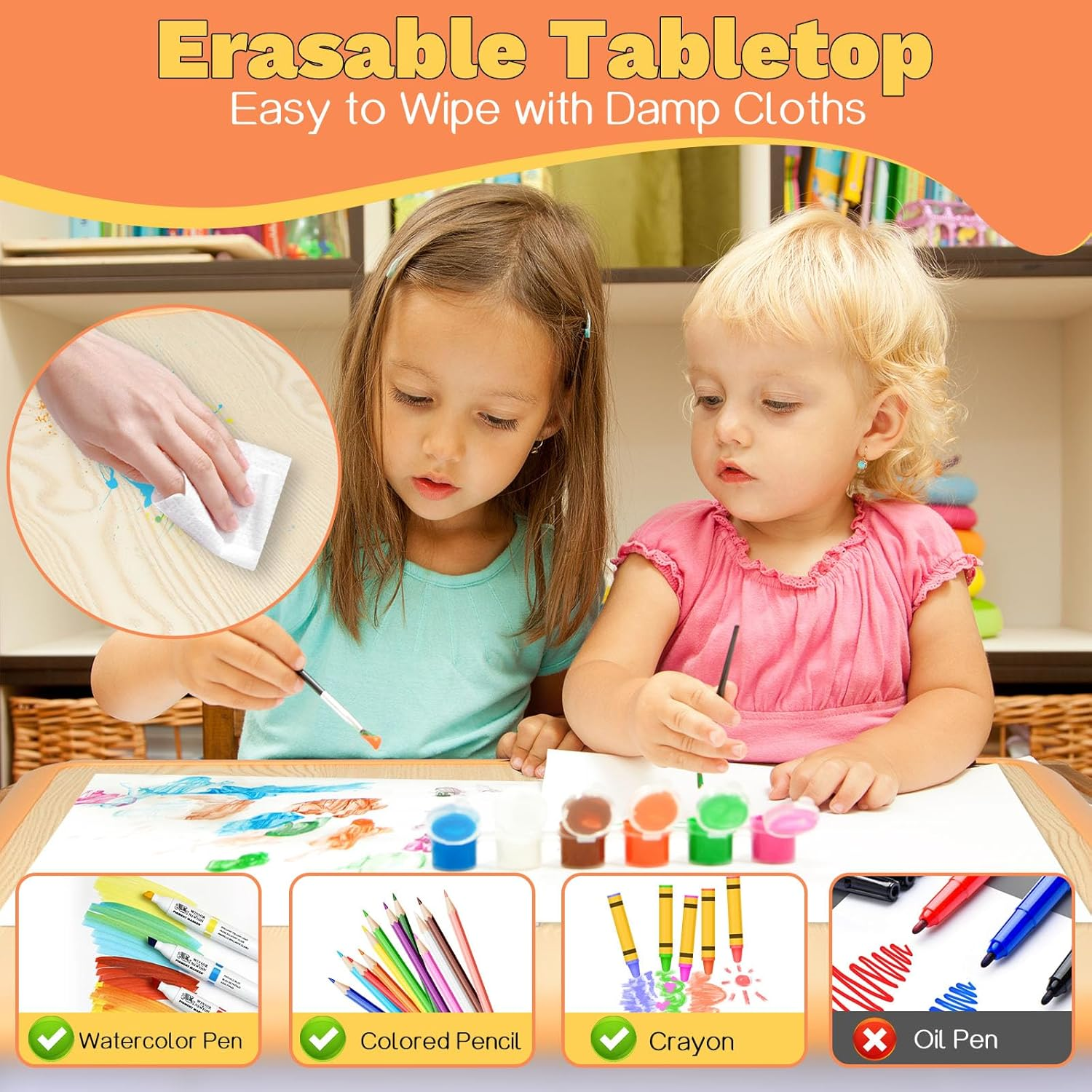 Omebel Kids Table and 4 Chairs Set, Height Adjustable Toddler Table and Chair Set, Graffiti Desktop, Classroom/Daycare/Home, Children Multi-Activity Toddler Table for Ages 2-8 image number 1