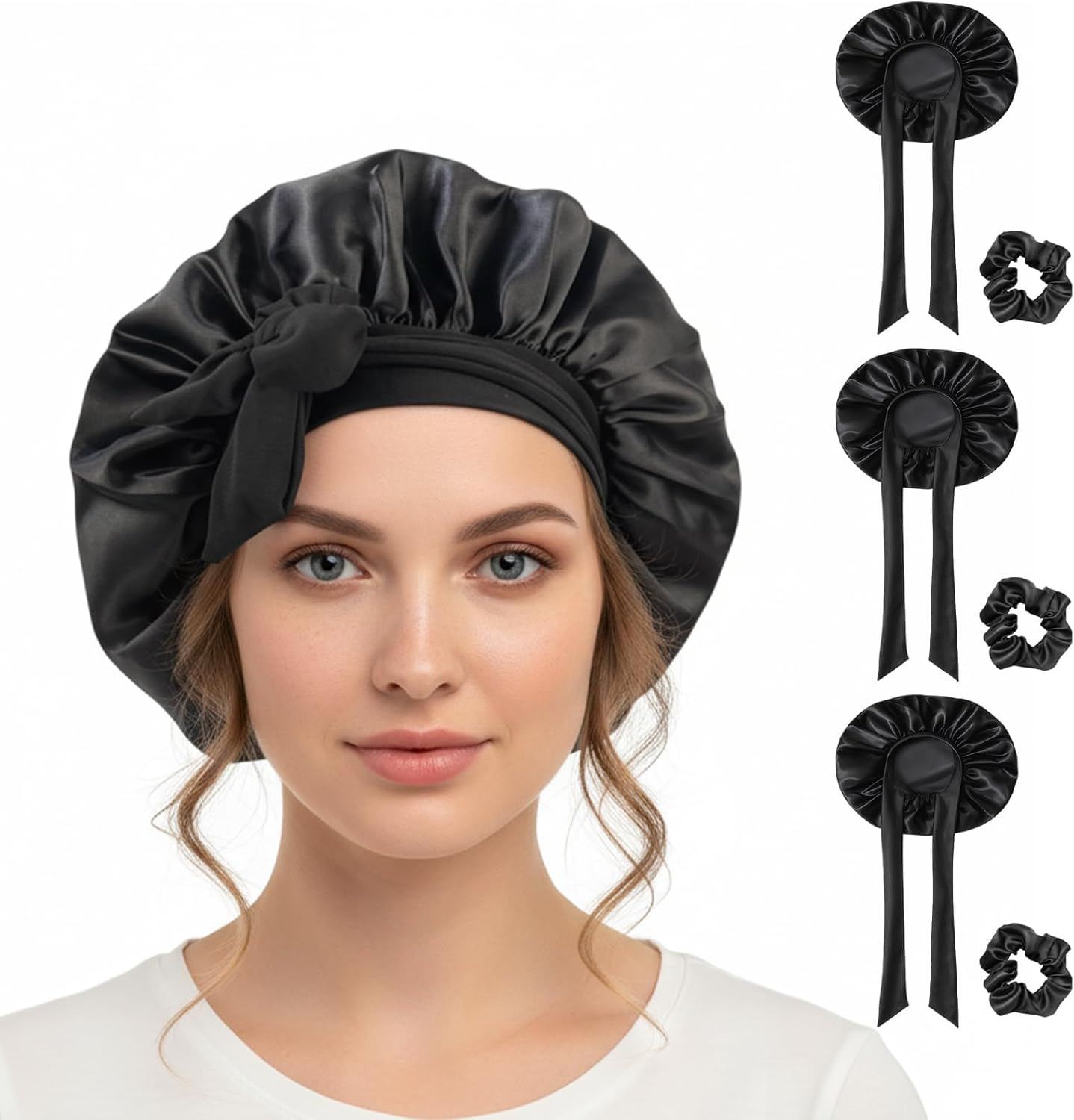 Jazrvr Silk Bonnet for Sleeping, Silk Sleep Cap, Set of 6 Including 3 Black Silk Bonnets and 3 Hair Bobbles 36 Cm, Hair Protection for the Night image number 4