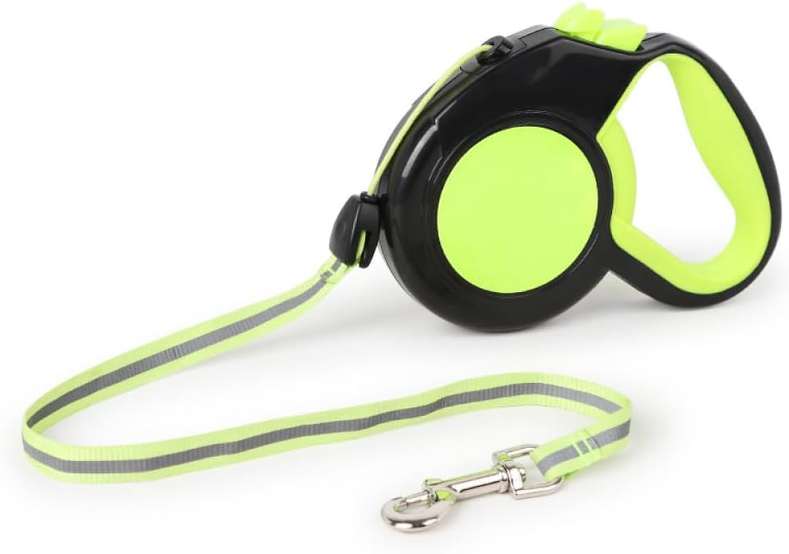 Reflective Retractable Dog Leash &ndash; 5M Extendable Lead with Quick-Lock Brake, Tangle-Free Nylon Tape & Soft Anti-Slip Handle for Night Walking (Orange)