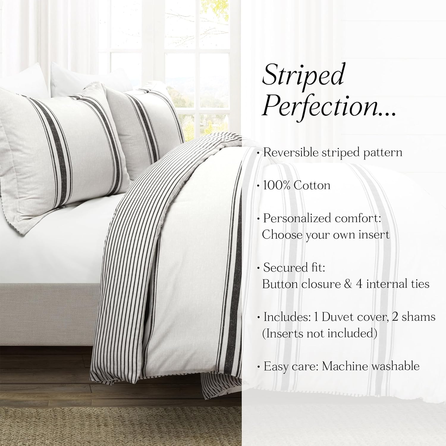 Lush Decor Farmhouse Stripe Reversible 100% Cotton Duvet Cover Set - 3 Piece Cozy Pinstripe Bedding Set - Classic Modern Rustic Charm Bedroom Decor - Full/Queen, Black - Yellow  Gray image number 6