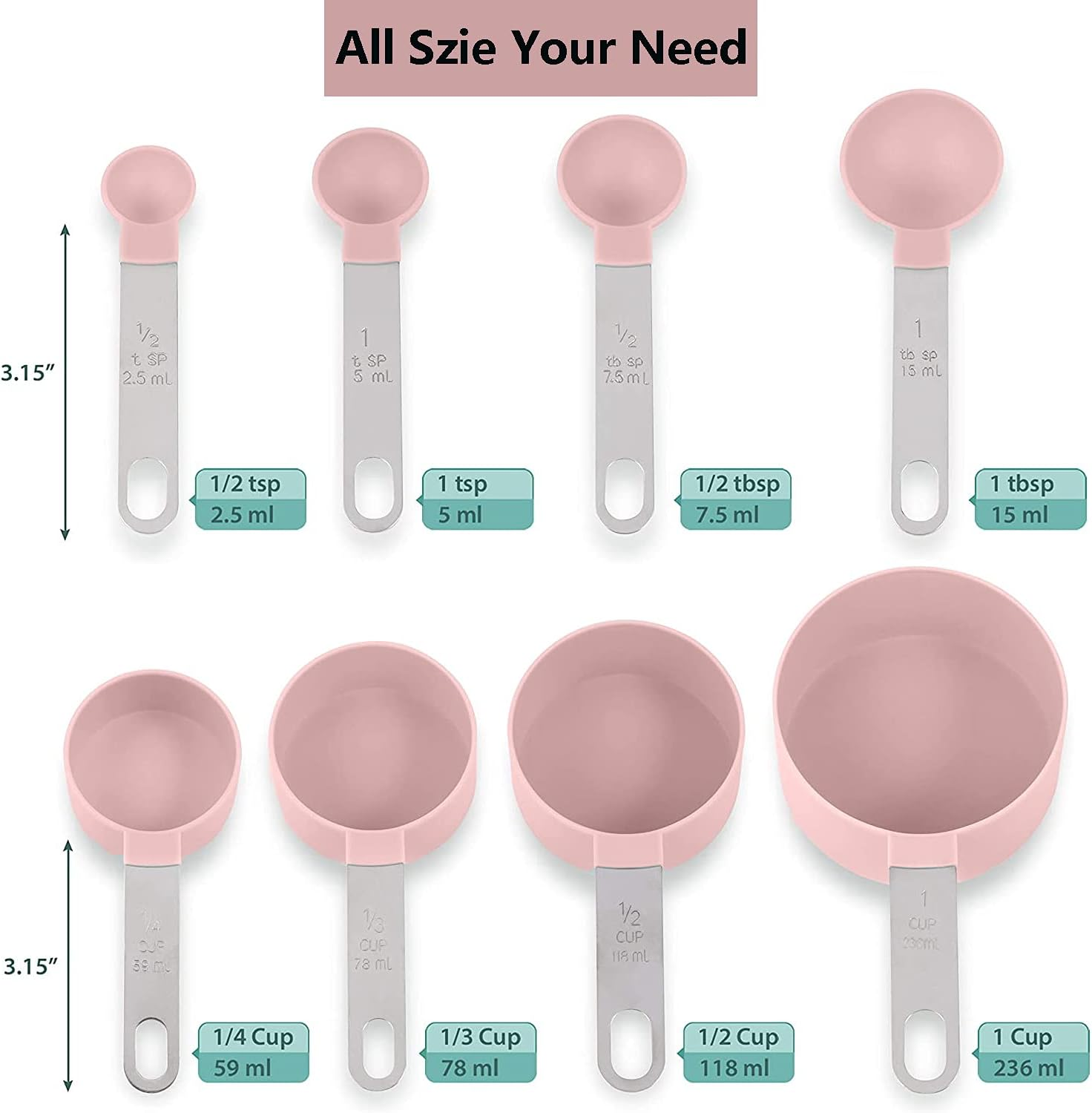 8 Pieces Measuring Cups and Spoons Set / Nesting Measuring Cups with Stainless Steel Handle / for Dry and Liquid Ingredient (Light Pink) - Light Pink image number 3