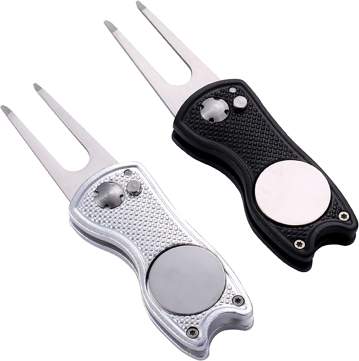 2 Pack Metal Foldable Golf Divot Tool with Pop-Up Button & Magnetic Ball Marker (Pack of 2, Fish Design)