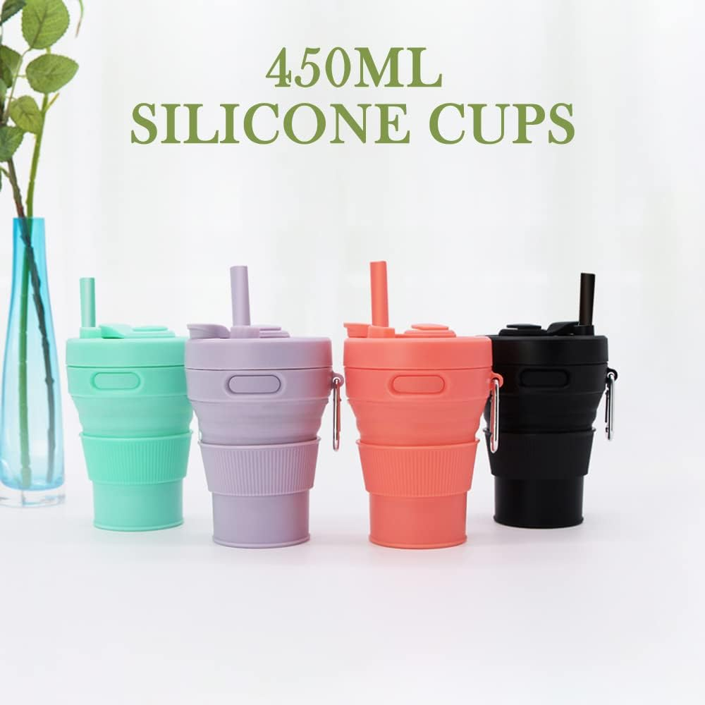 Silicone Coffee Mug Collapsible Cups for Camping Folding Travel with Straw Reusable Portable Drinking Cups Outdoor Hiking 450Ml (Black-450Ml, 1) - Black image number 4