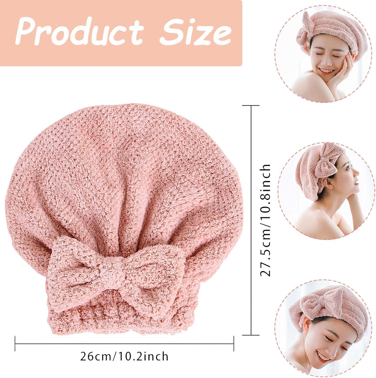 4 Pack 4 Color Hair Drying Cap, Quick Dry Head Wrap with Bow-Knot Shower Cap, Drying Towel for Curly, Straight, Long, Thick or Wet Hair image number 4