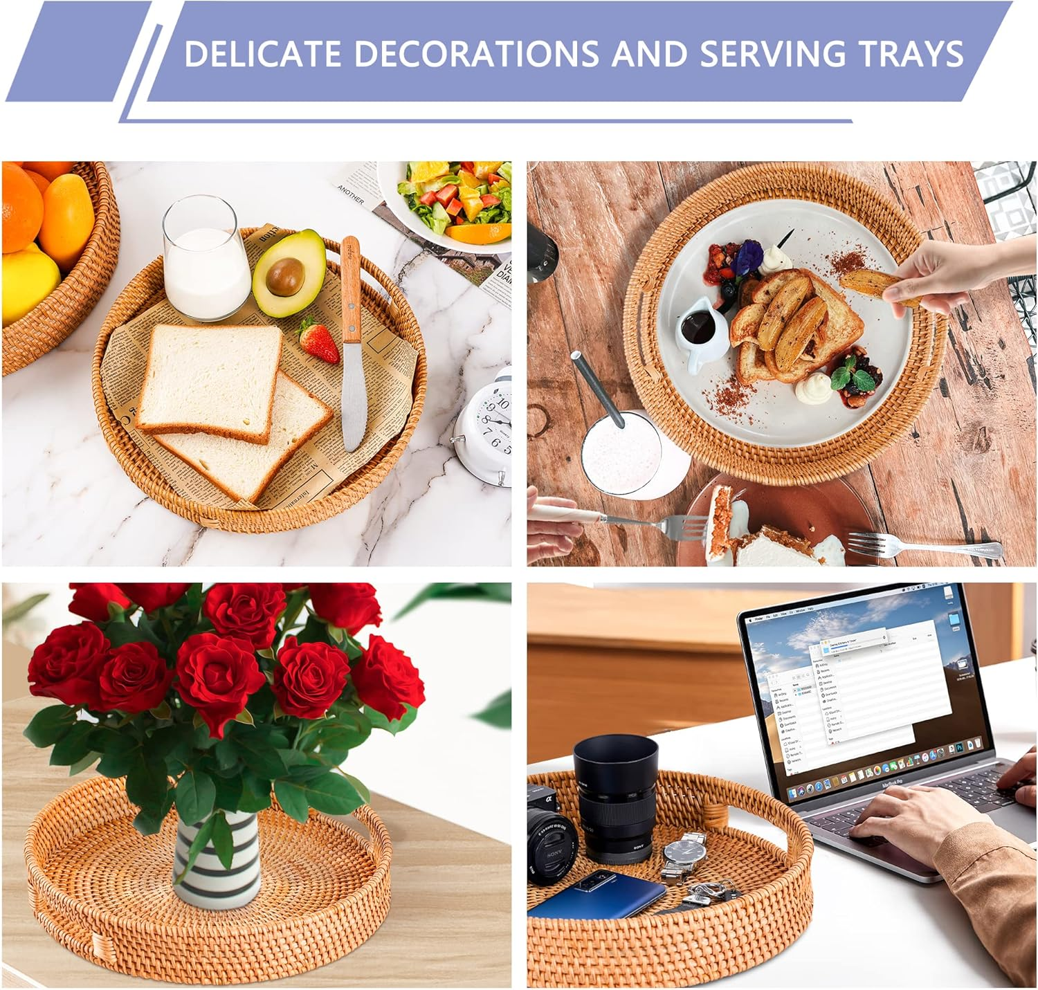 FIYAMMY Large round Rattan Serving Tray Set of 2, Woven with Handles, Wicker Fruit Bread Basket for Coffee Table (13.8In X 2.8In; 11.8In X 2.4In)