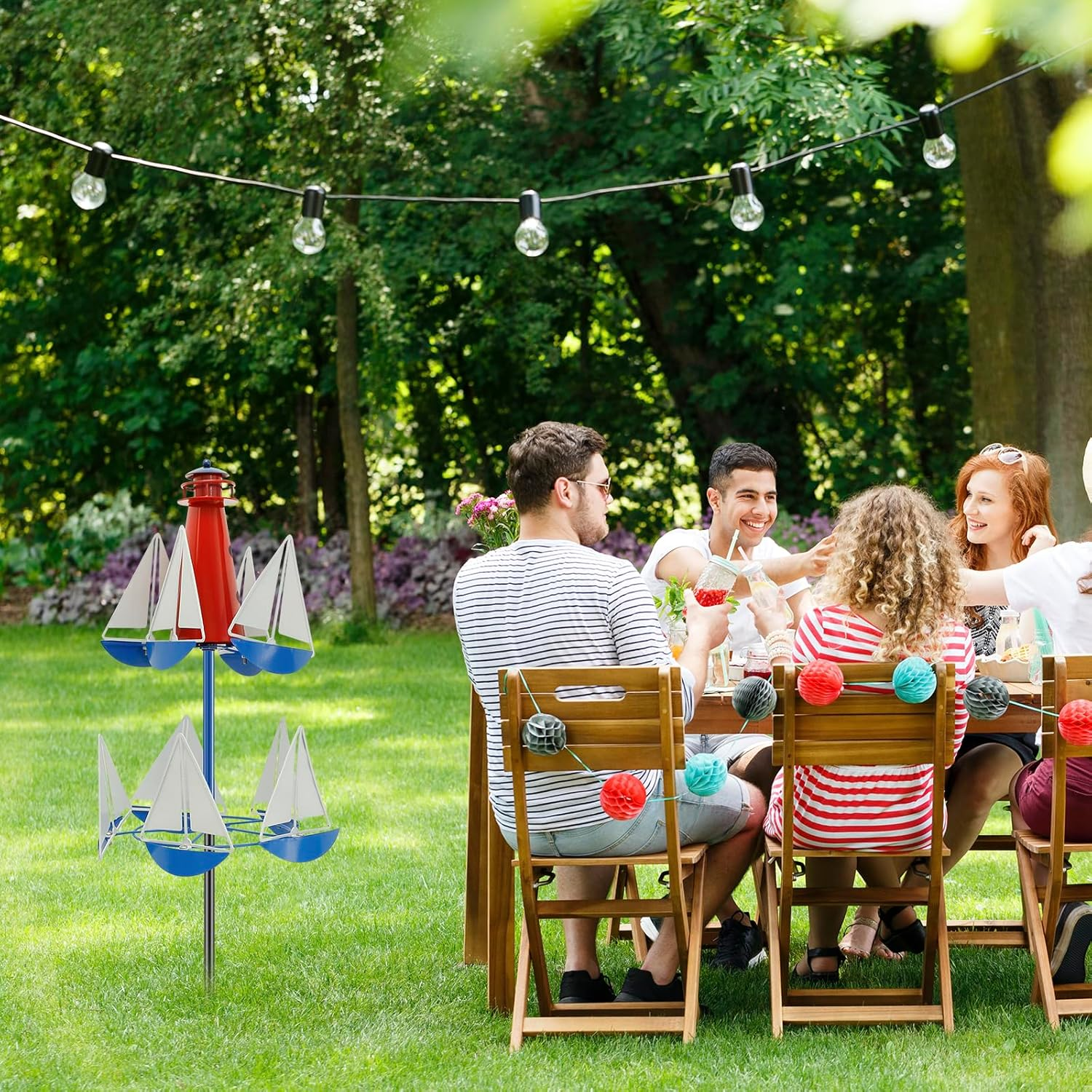 Sailboat Windmill D&eacute;cor Metal Lighthouse Sailing Wind Spinner Summer Lighthouse Sailboat Windmills Garden Wind Spinner Sculpture Creative Nautical Art Ornament for Garden Yard Lawn Outside image number 3