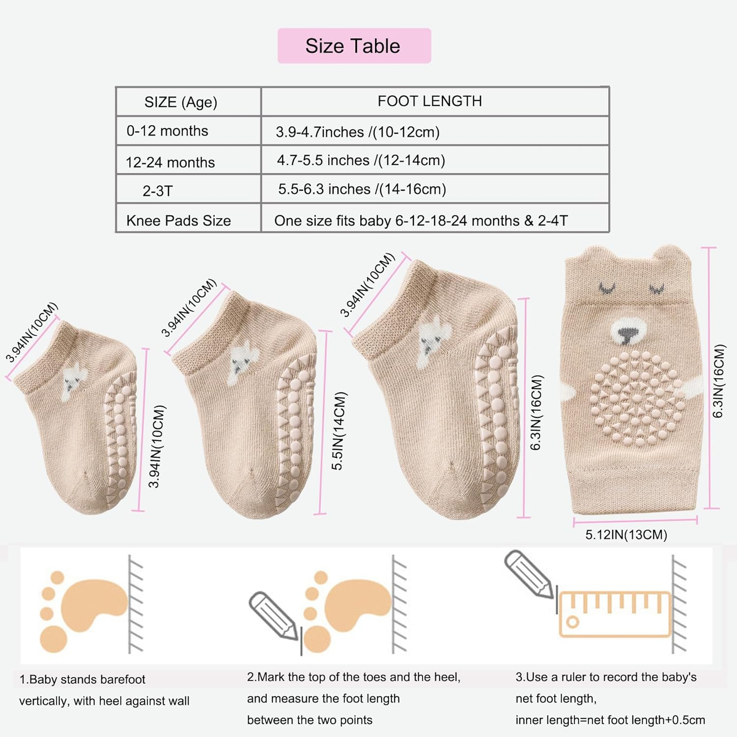 QXQTER Toddler Baby Knee Pads and Socks for Crawling for Infant Boys Girls with Grips Anti-Slip Knee Protector - 6 Pairs image number 3