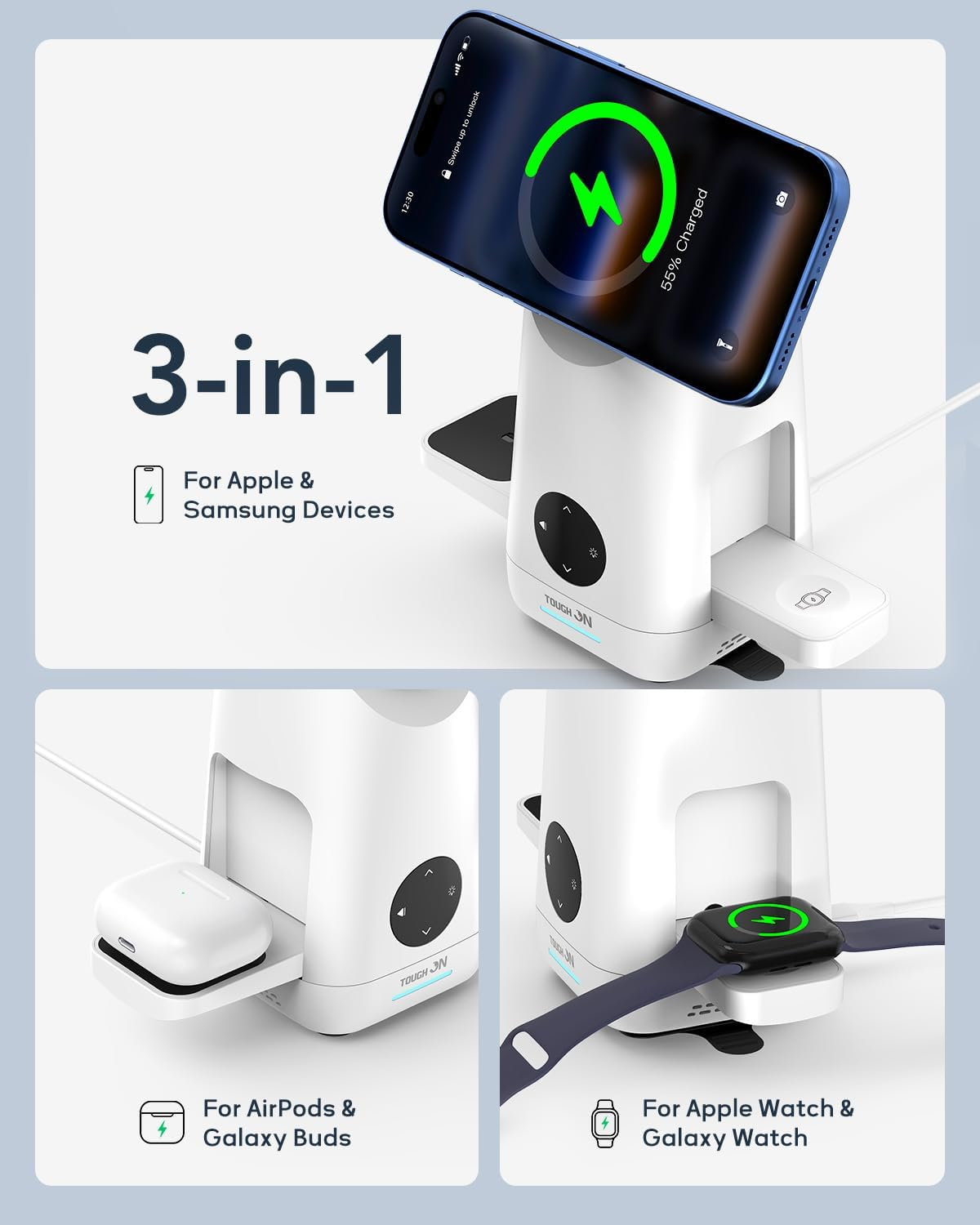 TOUGH on Magmax 3 in 1 Wireless Charger, Qi2 15W Fast Charging Station with Gesture-Controlled Rotation, Magsafe-Compatible Stand for Iphone 17/16/15, Apple Watch, Airpods, Samsung Galaxy S25 Series image number 3