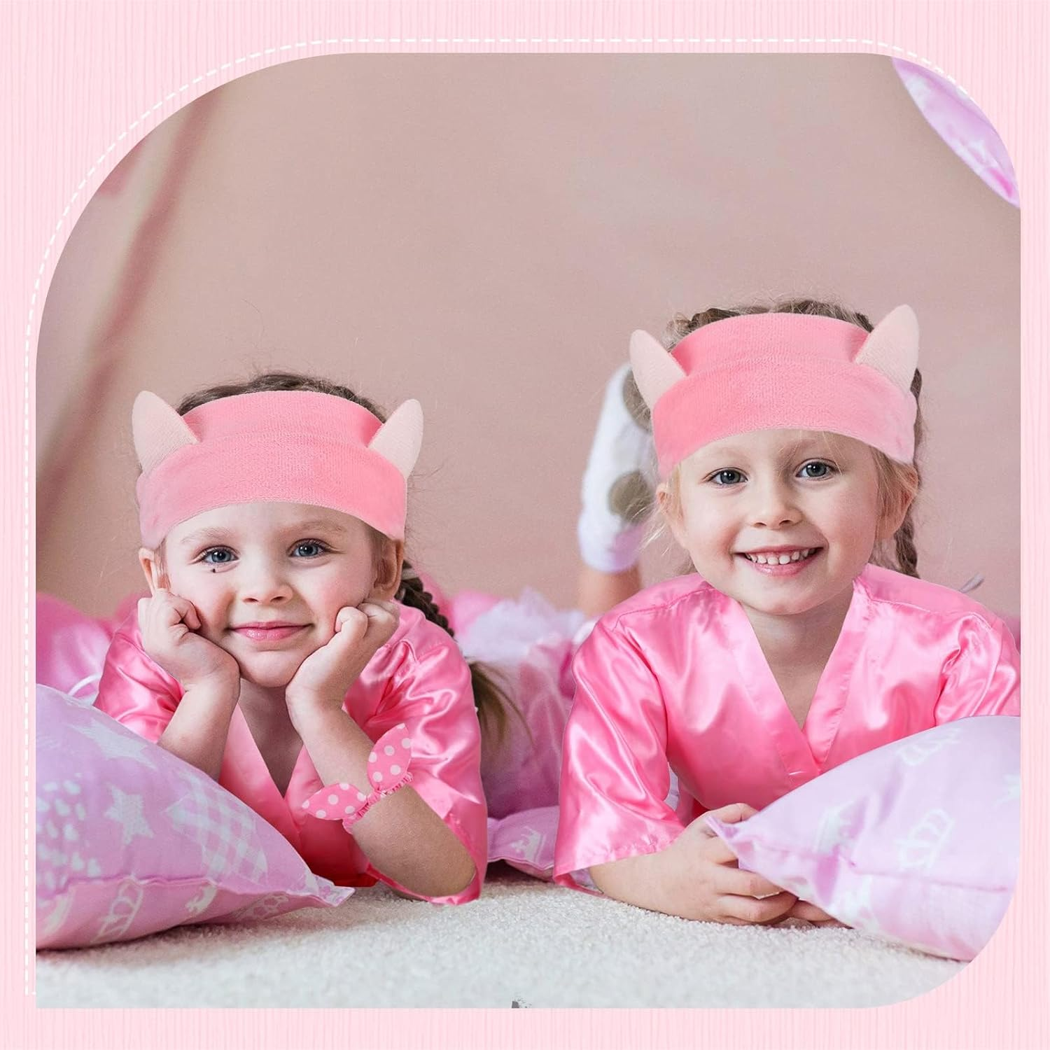 30 Pcs Spa Party Supplies for Girls Kid Satin Kimono Robe Foam Slippers Eye Mask Spa Headband Bow Hair Band(Pink, 10 Yard) image number 4