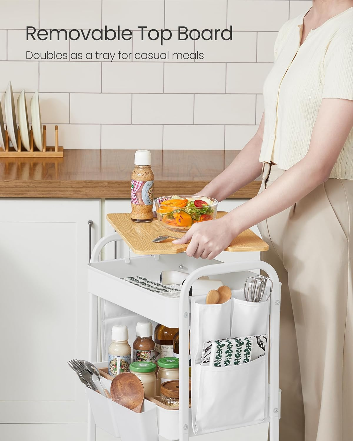 SONGMICS Kitchen Trolley, 3 Metal Mesh Shelves, Serving Trolley, 2 Removable Hanging Containers, 2 Organisers, for Office, Kitchen, Living Room, Bathroom, Cloud White LRC036W01 image number 3