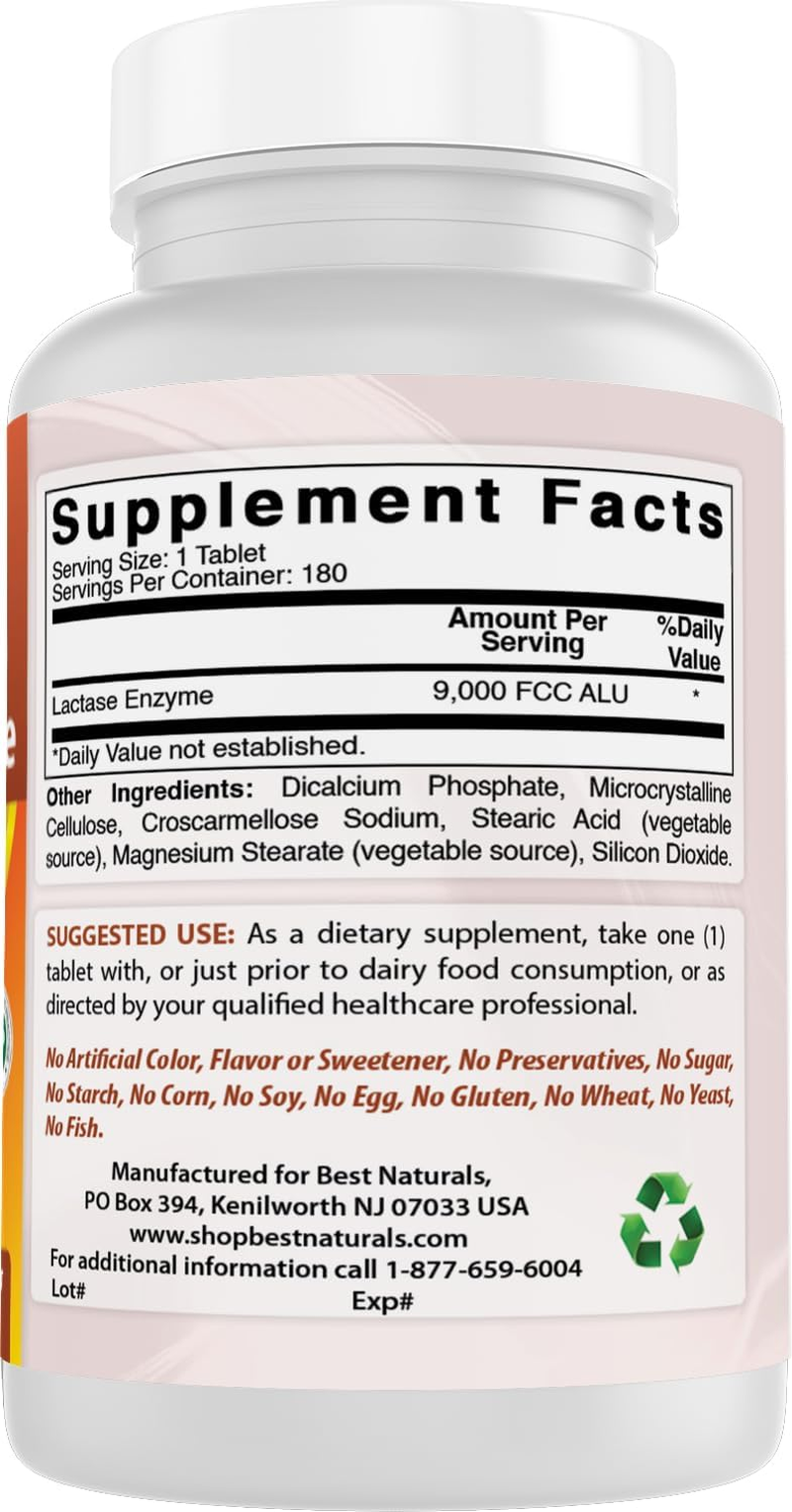 Best Naturals Lactase Enzyme 9000 FCC ALU 180 Tablets. image number 6