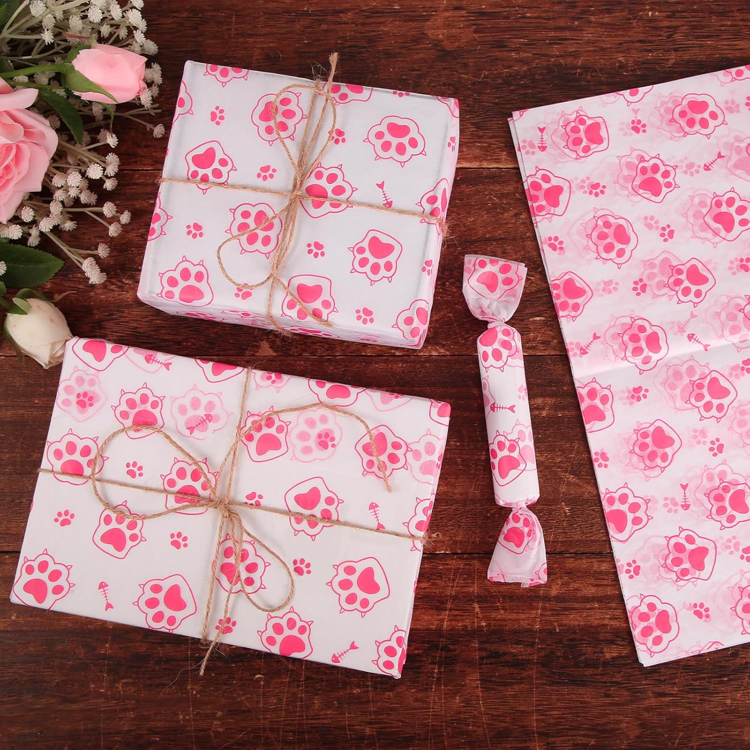 30Pcs Cat Paw Print Tissue Paper, 13.8X19.7In Cute Wrapping Tissue Paper Gift Wrap Paper Tissue Paper Sheets for Gift Packaging Wedding Birthday Party Supplies DIY Crafts (Pink) - Pink image number 5